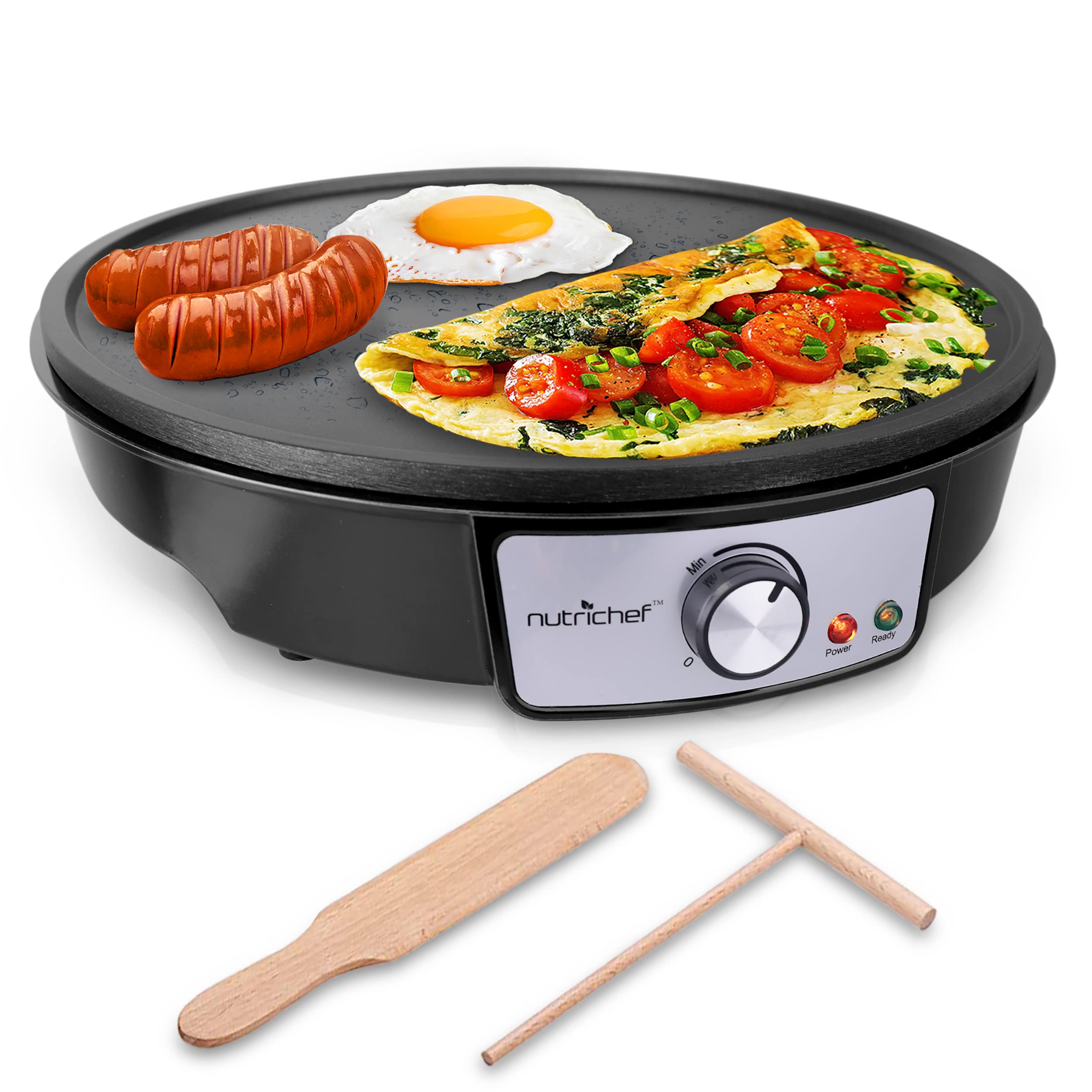 Nutrichef Electric Griddle & Crepe Maker | Nonstick 12 Inch Hot Plate Cooktop | Adjustable Temperature Control | Batter Spreader