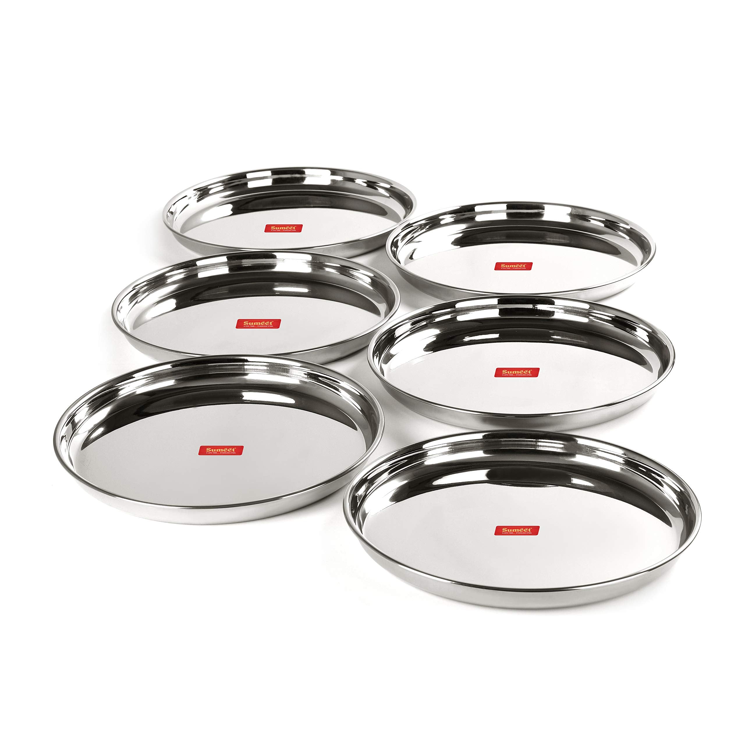 Sumeet Stainless Steel Heavy Gauge Deep Wall Dinner Plates With Mirror Finish 31.3Cm Dia - Set Of 6Pc
