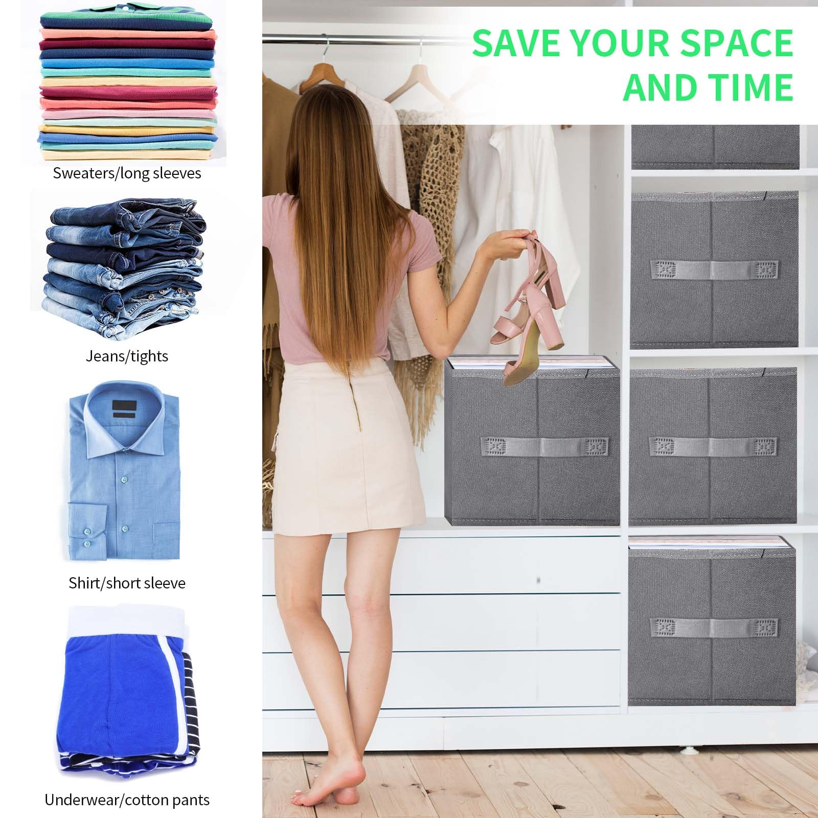 Jeans Organizer for Closet, Foldable Wardrobe Clothes Organizer with Handle, Stackable Closet Clothes Drawer Organizer Tshirts w
