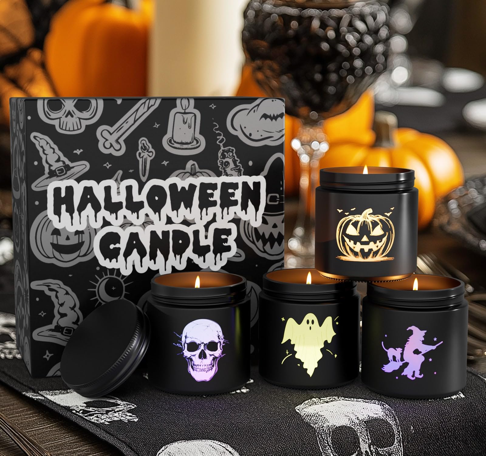 Halloween Candle Set, 4 Pack Scented Candles Gift with Pumpkin|Skull|Ghost|Witch|, 80H Lasting Burn Candles for Halloween Decora