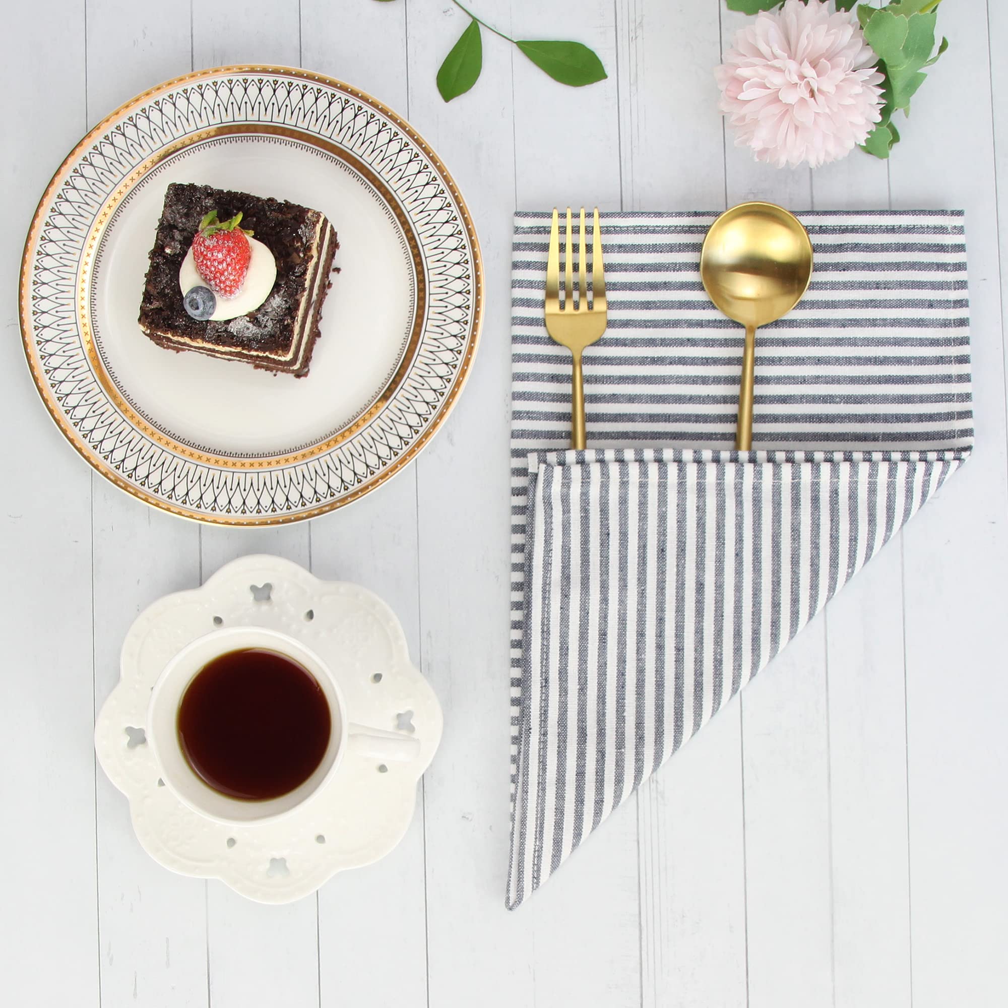 Infei Plain Striped Cotton Linen Blended Dinner Cloth Napkins - Set Of 12 (40 X 30 Cm) - For Events & Home Use (Black)