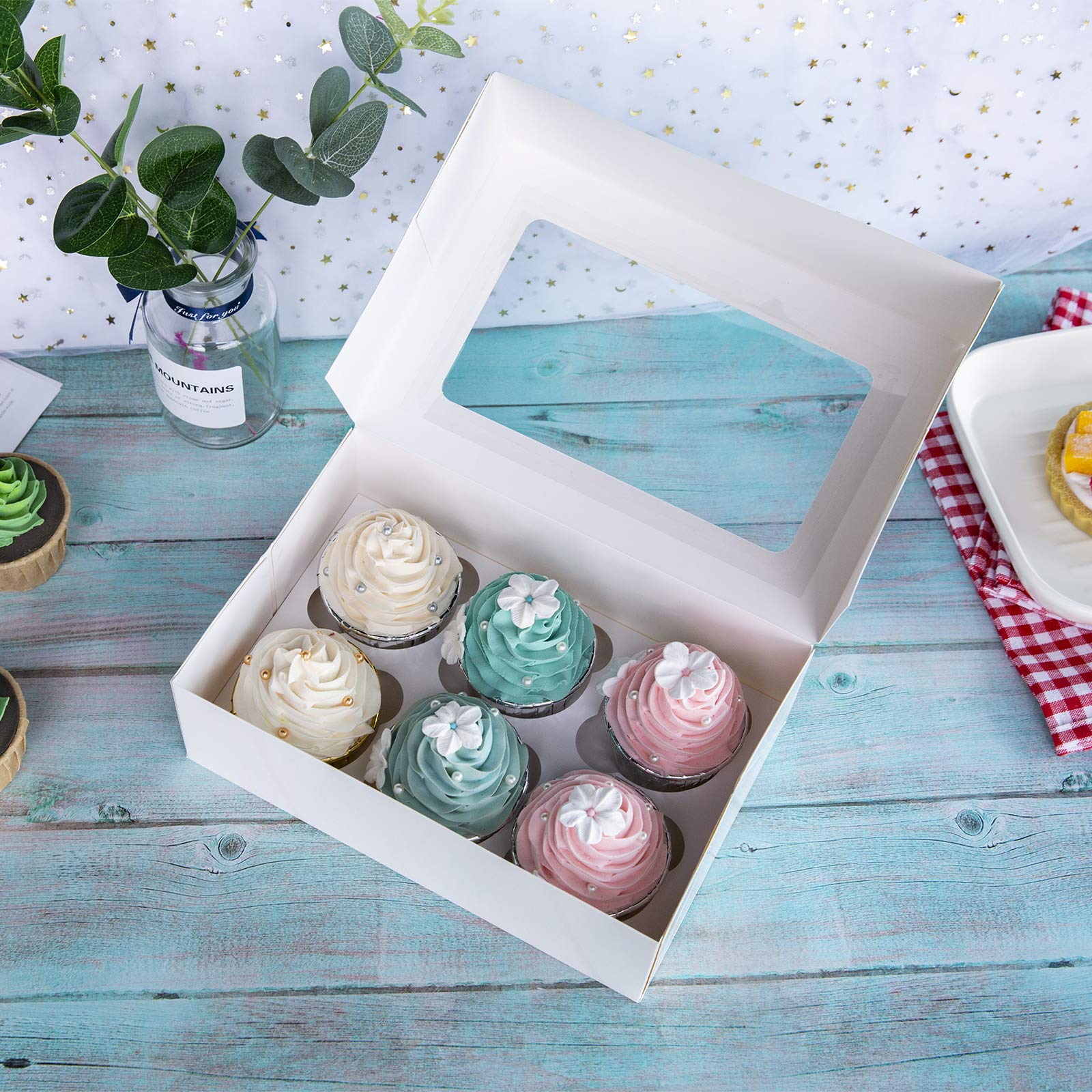 One More Cupcake Boxes With Inserts 6 Holders,9.5X6.3X3Inch Large White Standard Bakery Boxes With Window Food Grade Cake Carrie