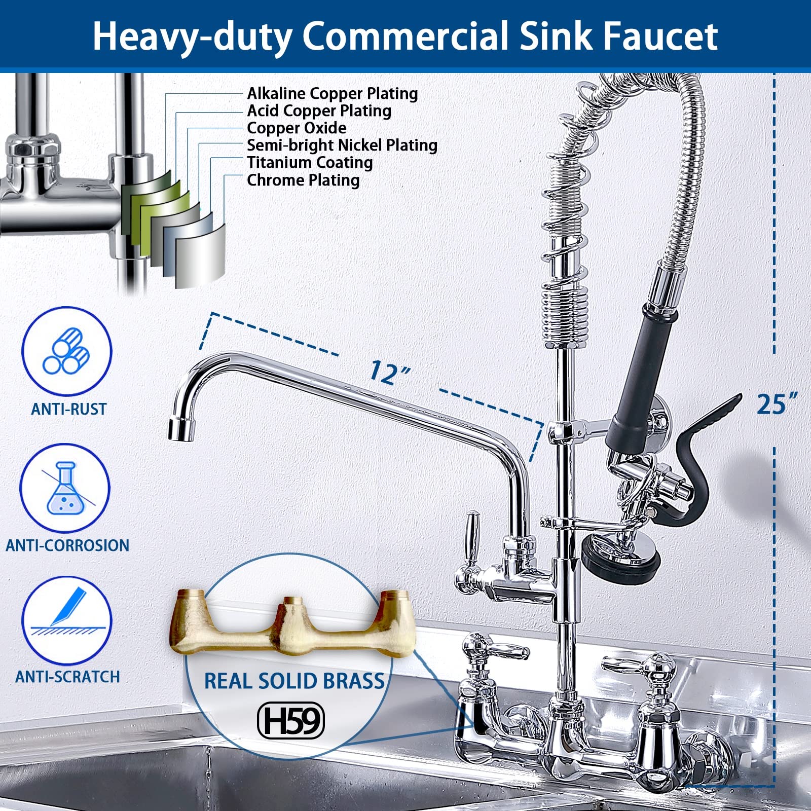 AGAHPAY Commercial Kitchen Sink Faucet with Pre Rinse Sprayer 8 Adjustable Center Wall Mount Restaurant Faucet with 12?Swing Spout 25?Height for Compartment Sink  Industrial  Chrome  Solid Brass