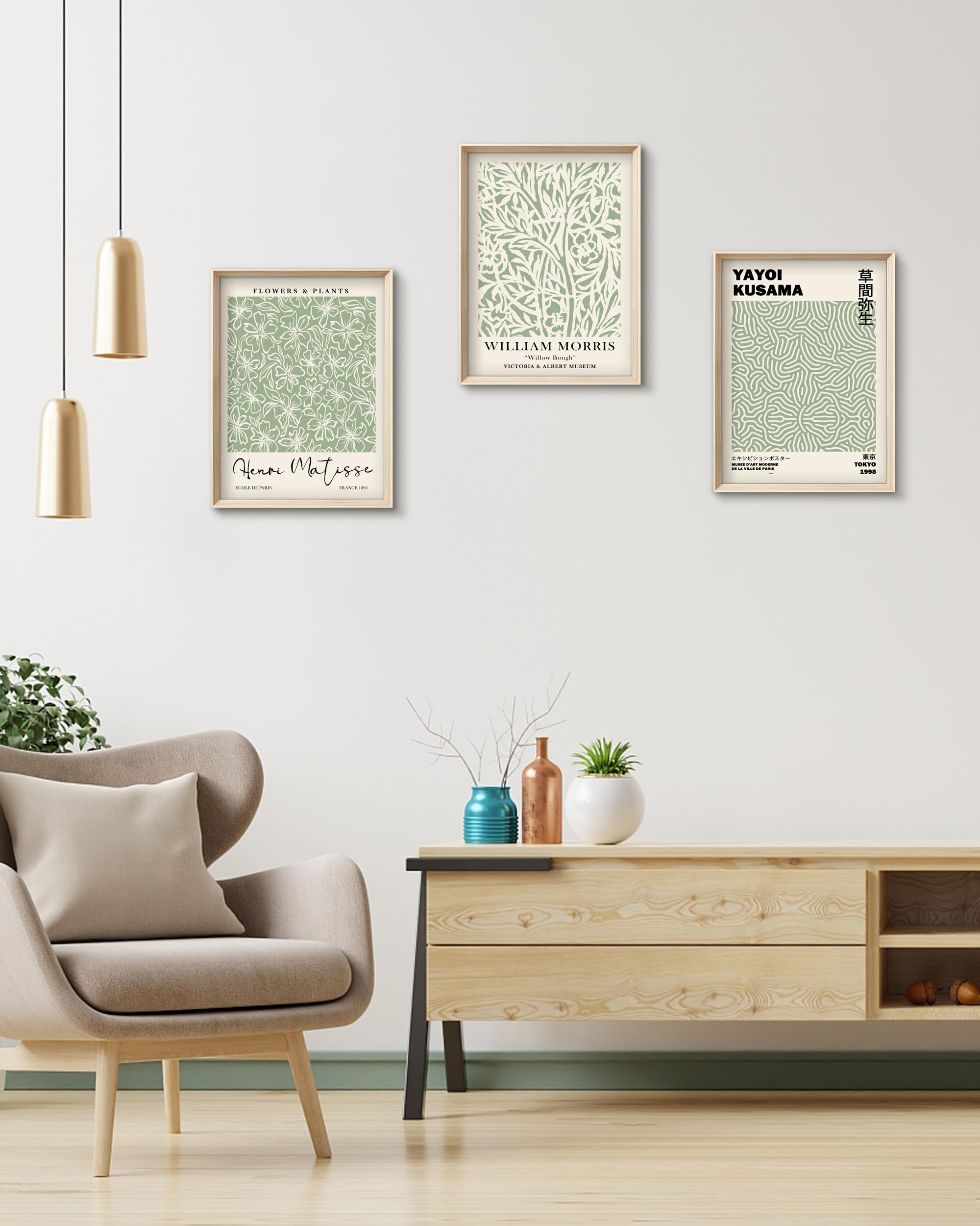 Hesendot Framed Matisse Sage Green Wall Art,William Morris Canvas Wall Decor,16X12In High Framed Wood Design Prints,Minimalist C