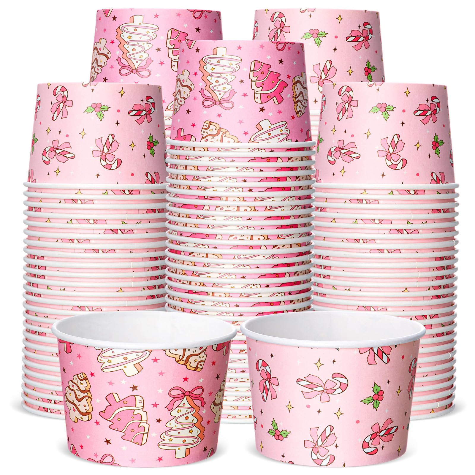Jingmore 100 Pcs 8 oz Pink Christmas Treat Snack Cups Pink Xmas Tree Candy Canes Disposable Bowls Ice Cream Dessert Soup Paper B