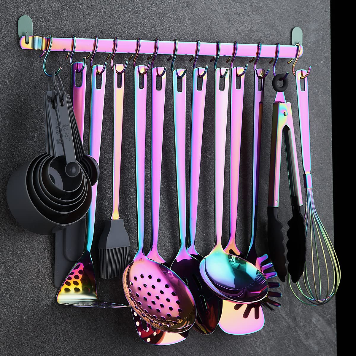 Rainbow cooking Utensils Set  Kyraton Stainless Steel 37 Pieces Kitchen Utensils Set with Titanium colorful Plating  Kitchen Tool gadgets Set with Utensil Rack Heat Resistant Dishwasher Safe