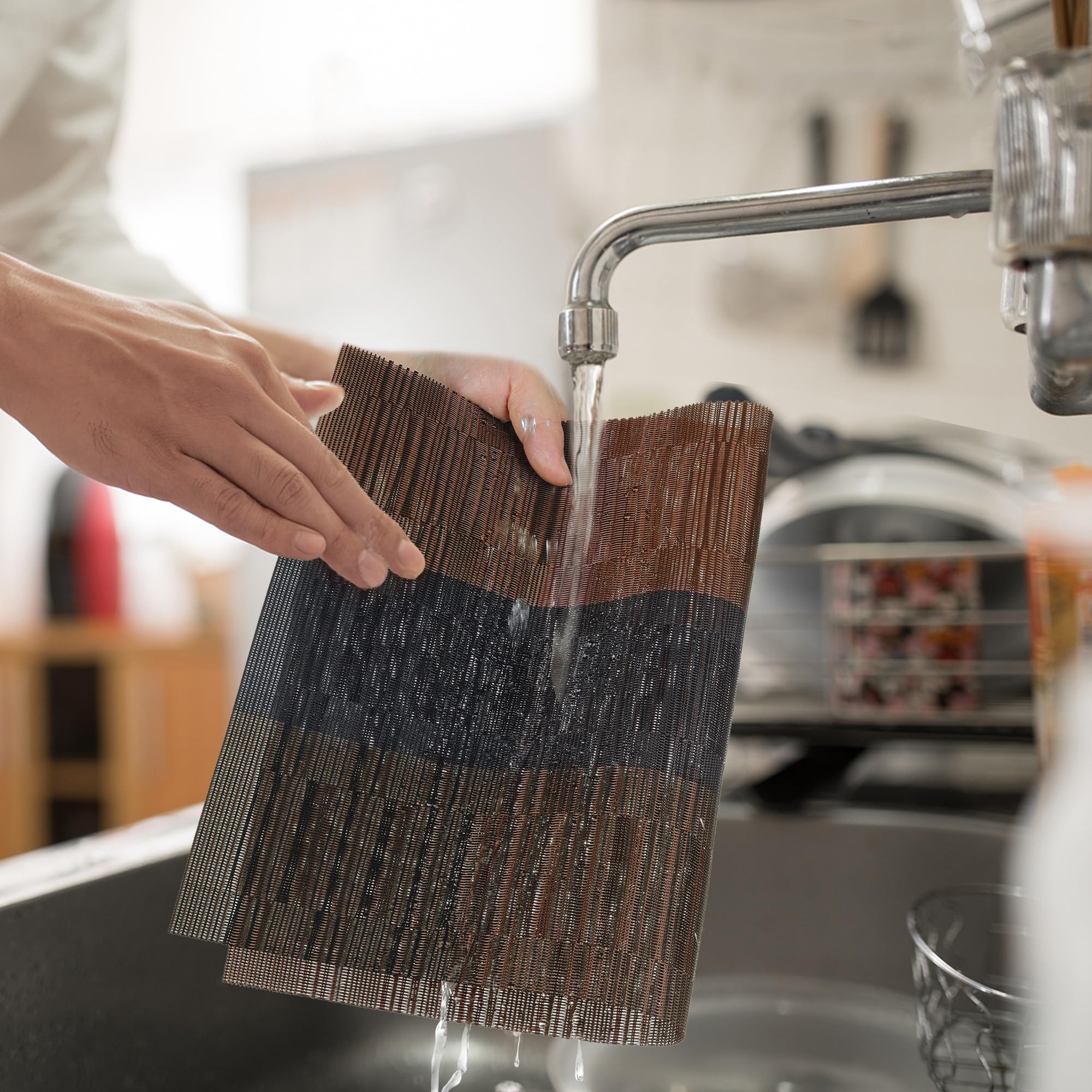 Fanquare Stripe Placemats 18 X12 Inches, Pvc Place Mats For Dining Table, Durable Heat Resistant Table Mats Brown, 4 Pack