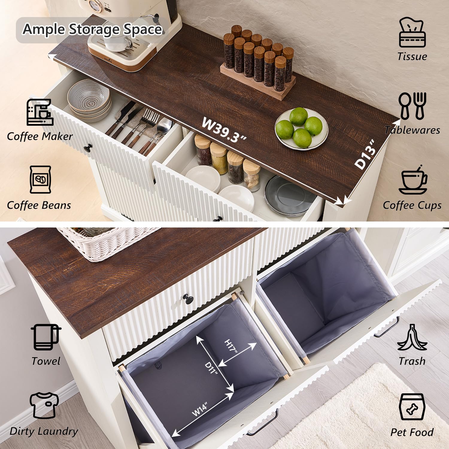 Ifbuy Modern Double Tilt-Out Laundry Hamper Cabinet, 20 Gallon Fluted Trash Can Cabinet W/2 Drawers, Wooden Hidden Garbage Can C