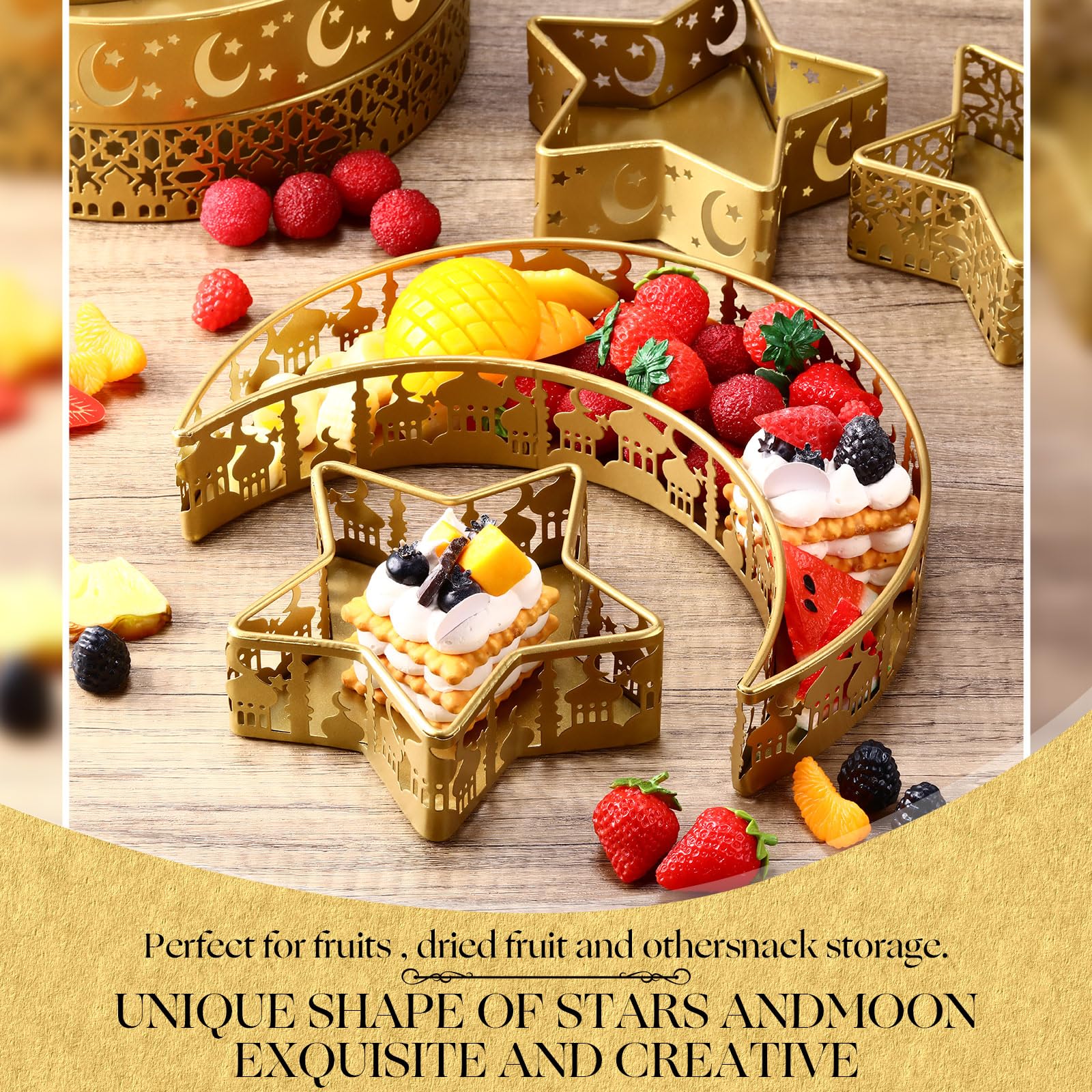 Glikceil 6 Pcs Eid Mubarak Moon And Star Pastry Tray Moon Shape Food Dessert Tray Ramadan Metal Platter For Breakfast Dinner Des