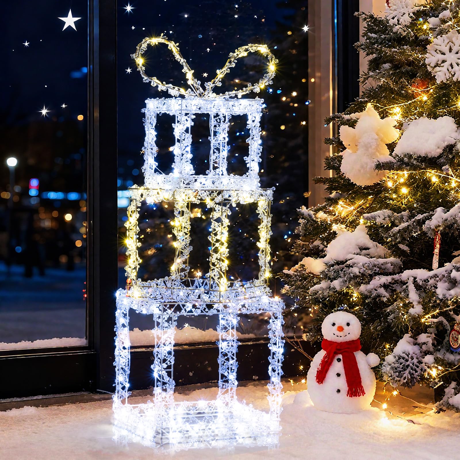 Tangkula Stacked Lighted Gift Boxes, Set of 3 Pre-Lit Box Lights with Warm White & Cold White LED Lights, Decorative Acrylic Cry