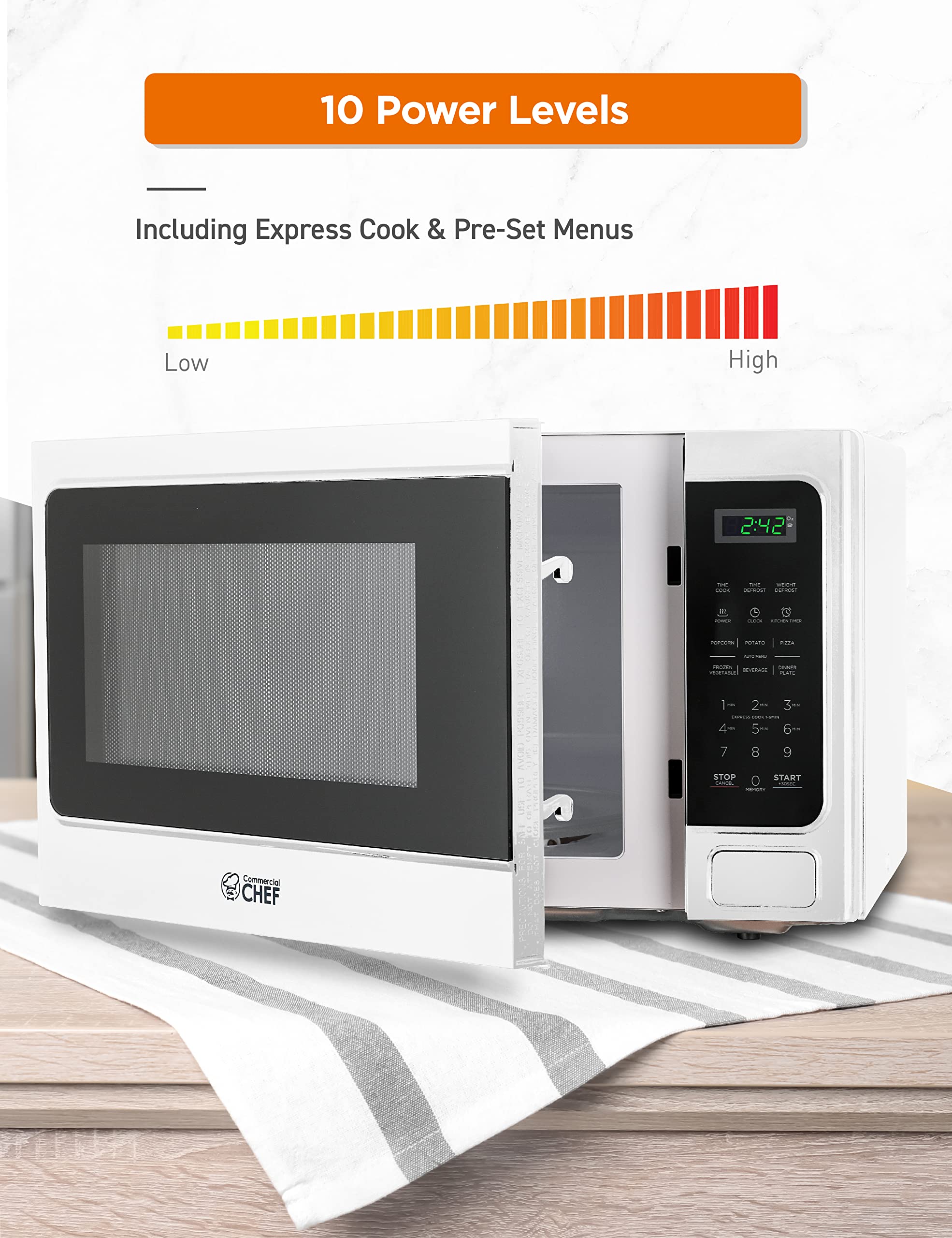 Commercial Chef Small Microwave 1.3 Cu. Ft. Countertop Microwave With Digital Display, White Microwave & 10 Power Levels, Outsta