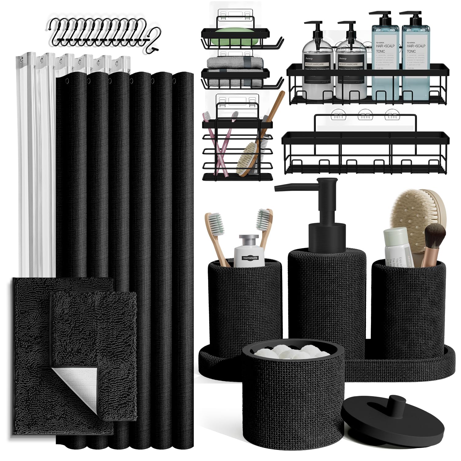 Clara Clark Black Bathroom Set - Bathroom Sets with Shower Curtain and Rugs, 26PC Bathroom Accessory Set, Shower Curtain Set wit