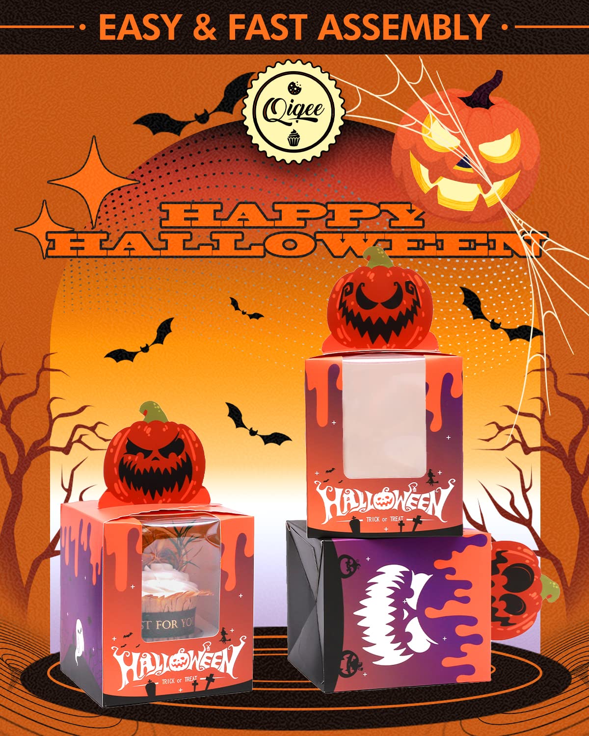 Qiqee Halloween Individual Cupcake Boxes Cupcake Holders Disposable 60Pcs Single Cupcake Boxes With Window 3.7'' 3.7''*4.5'' Cup