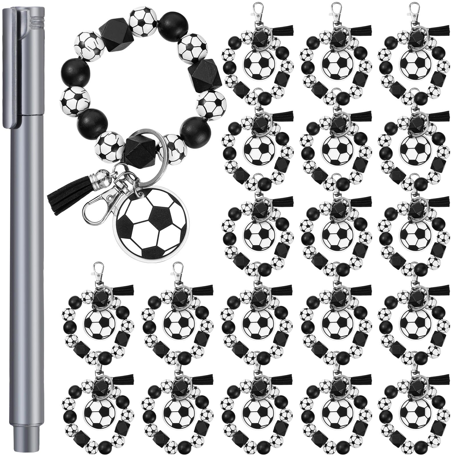 Siifert 20 Pcs Soccer Keychain Team Gifts Wood Bead Sports Charm Wristlet Bracelets For Student Back To School Coach Teacher