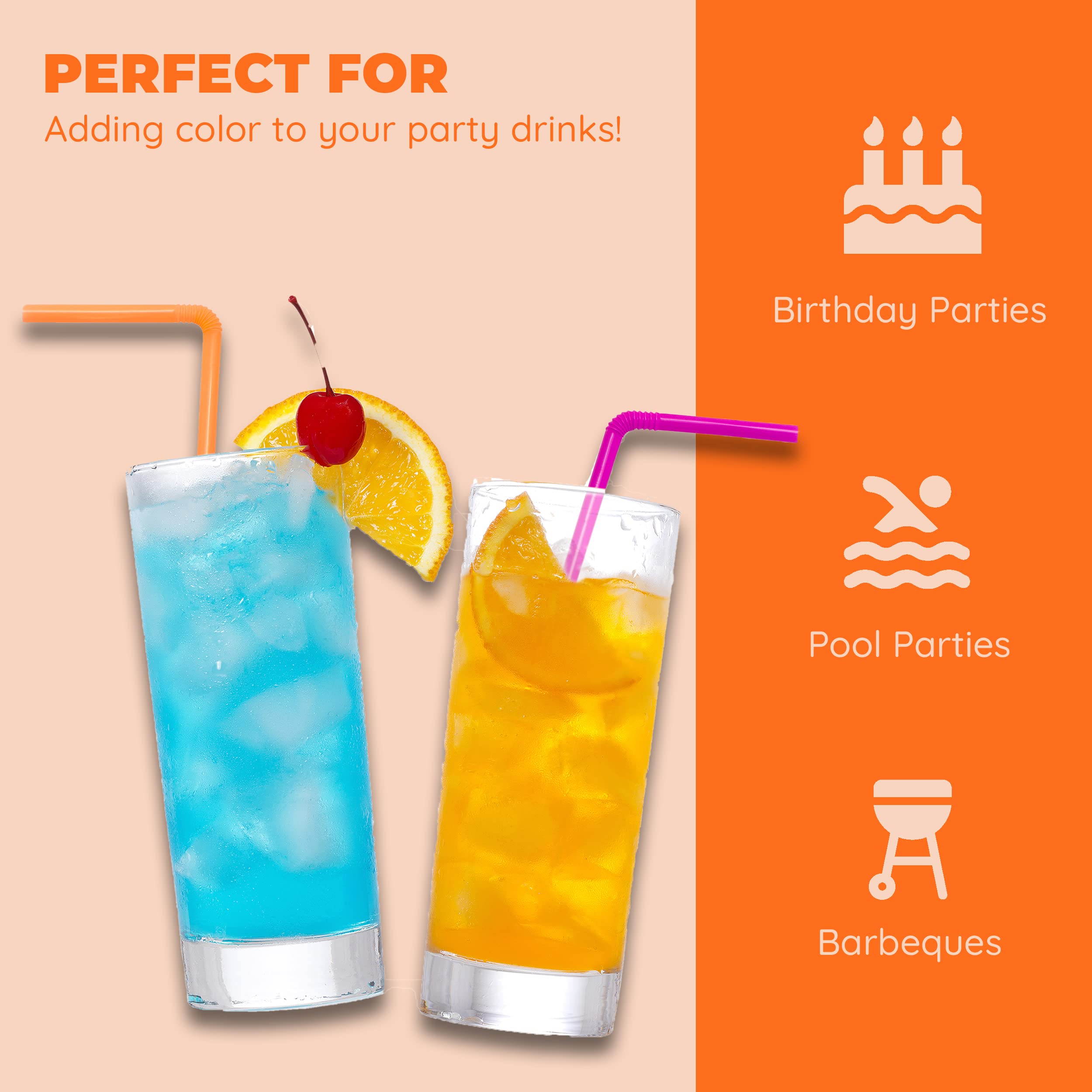 Jacent Flexible Disposable Drinking Straws, Bendable Plastic Neon Straws: 125 Count Per Pack, Fun Bendy Kids Straws, Great For S