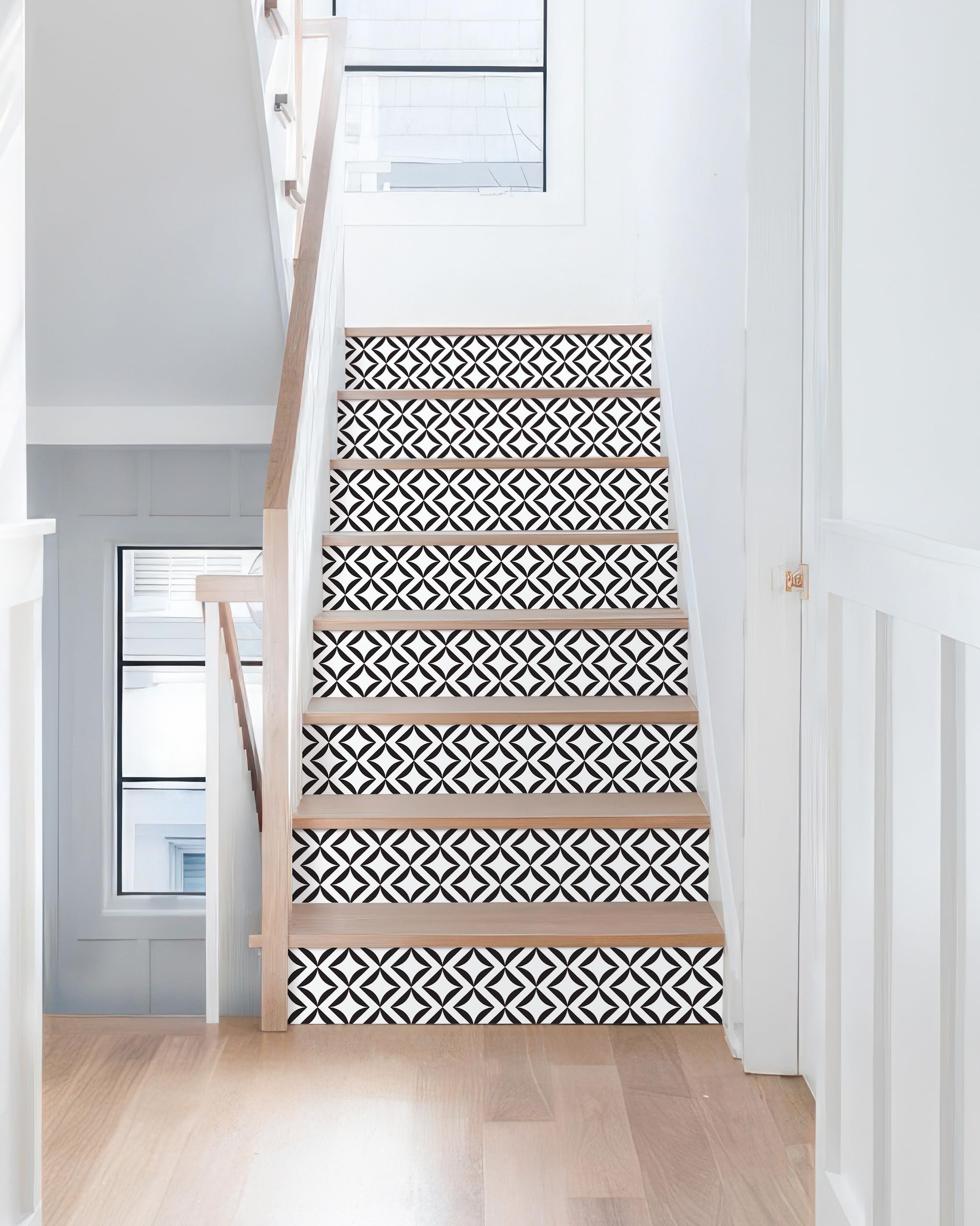 FLFK Geometric Pattern Peel and Stick Stair Riser Decals, Modern Minimalist Black and White,39.3 W x 7.08 H x 13Pcs