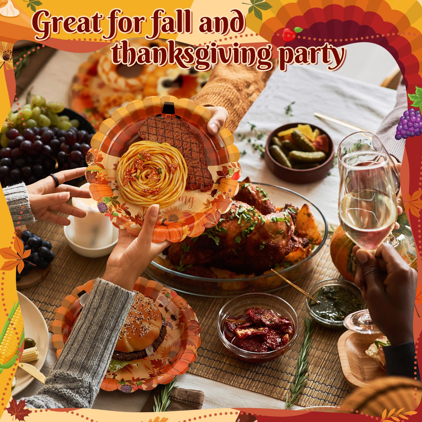 Fourluoo 96 Pcs Thanksgiving Turkey Paper Plates Disposable 9 Inch Turkey Plates for Thanksgiving Fall Party Birthday Party Deco