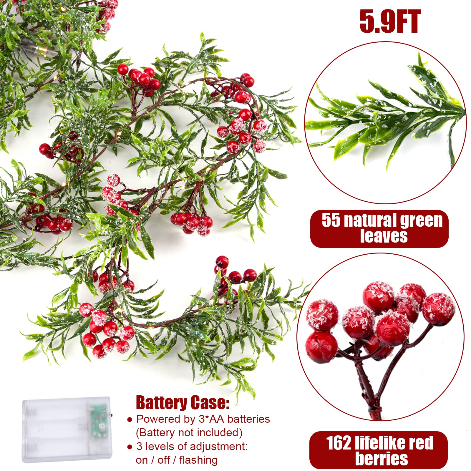5.9FT Artificial Christmas Garland String Lights with 162 Snowy Red Berries 55 Green Leaves 20 LED Lights Battery Operated for X