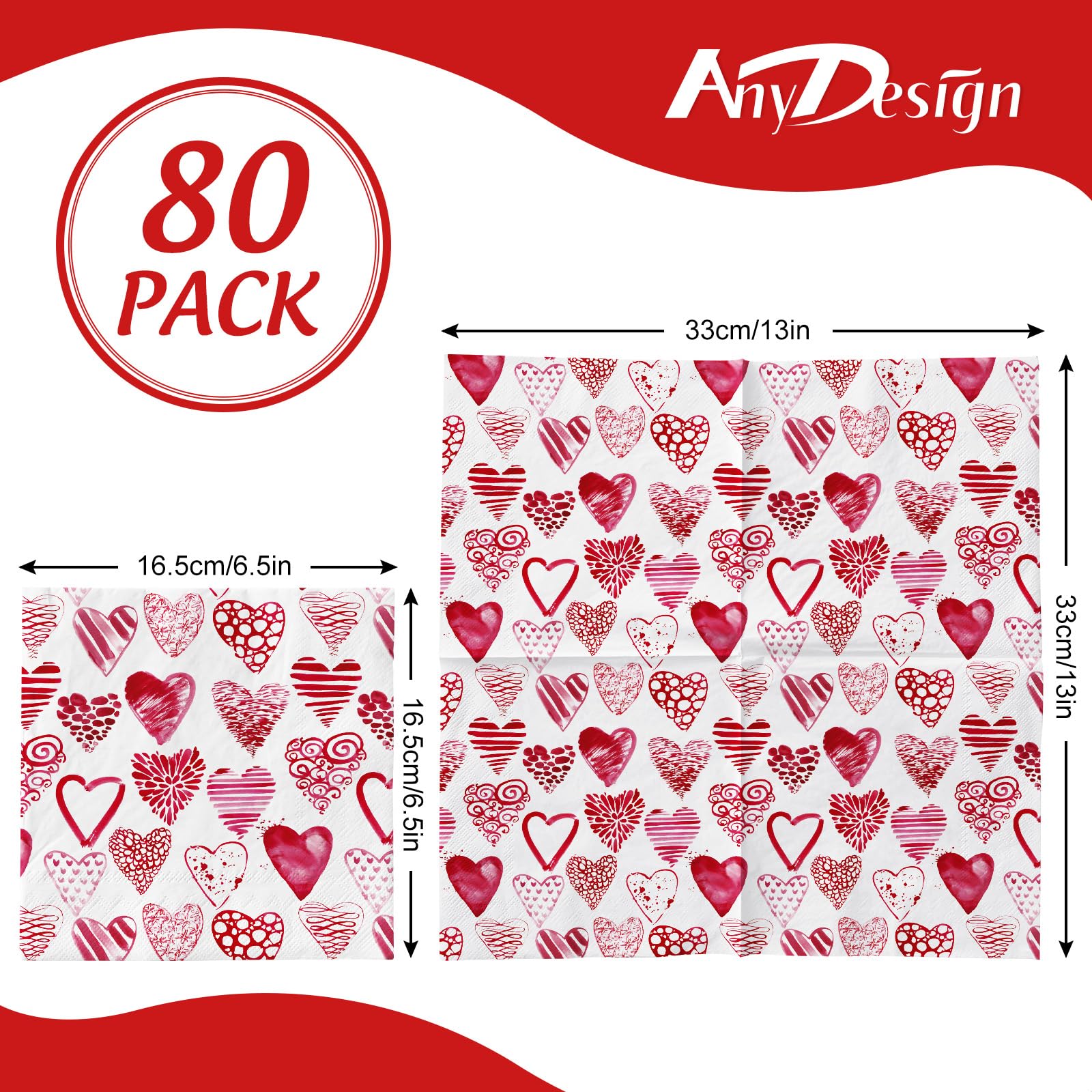 Anydesign 80Pcs Valentines Day Paper Napkins Watercolor Pink Heart Disposable Napkins Decorative Luncheon Dinner Hand Napkins Fo