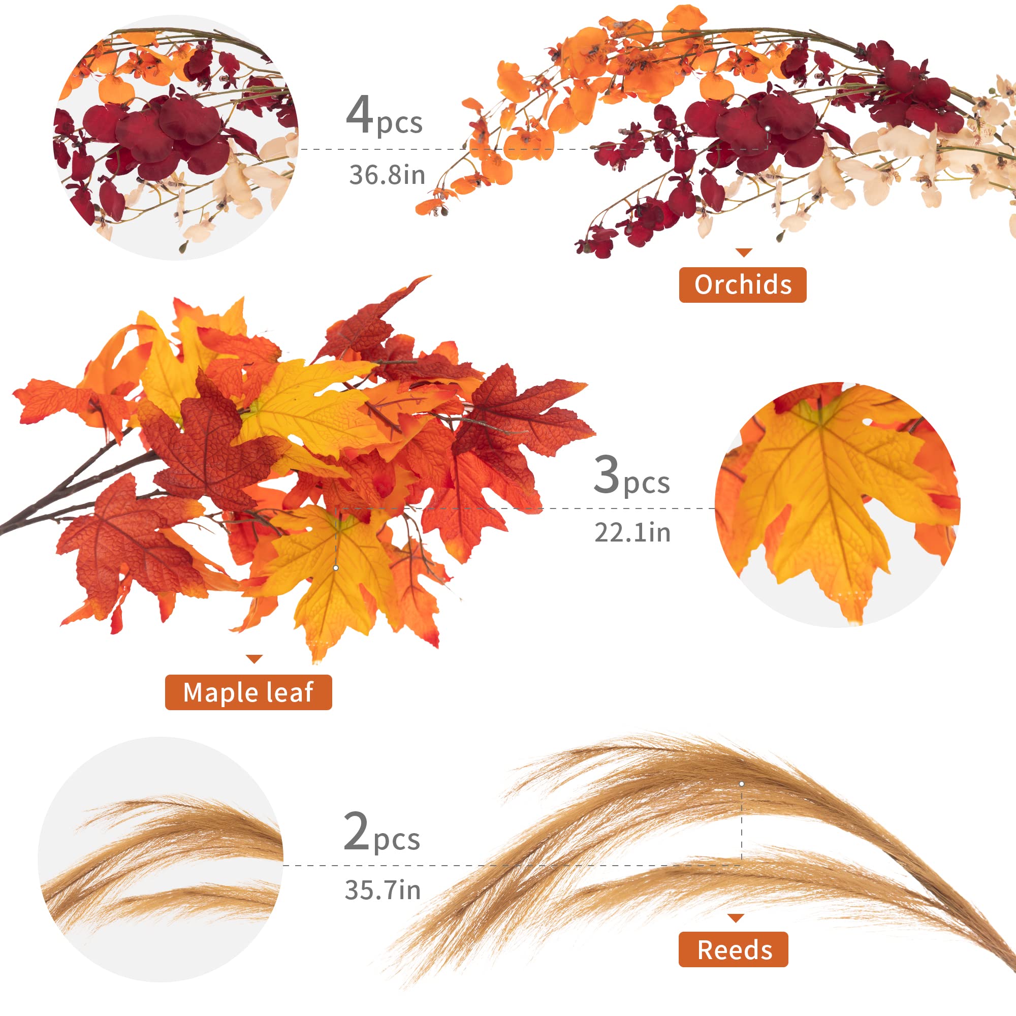 MISSPIN Thanksgiving Decorations - 9Pcs Fall Decor Artificial Flowers Orchid Maple Leaves Stems Set Fall Stems Faux Reed Maple L