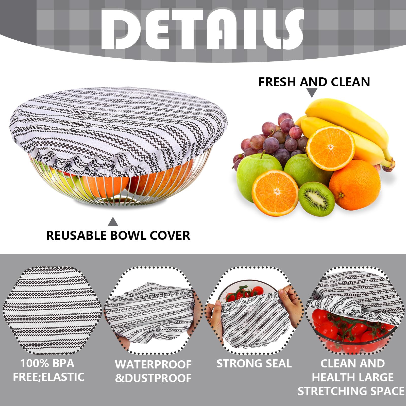 Whaline 10Pcs Bowl Covers Reusable In 5 Size Stretch Cloth Fabric Dish Cover Farmhouse Plaid Gray Ticking Stripe Lids For Food F