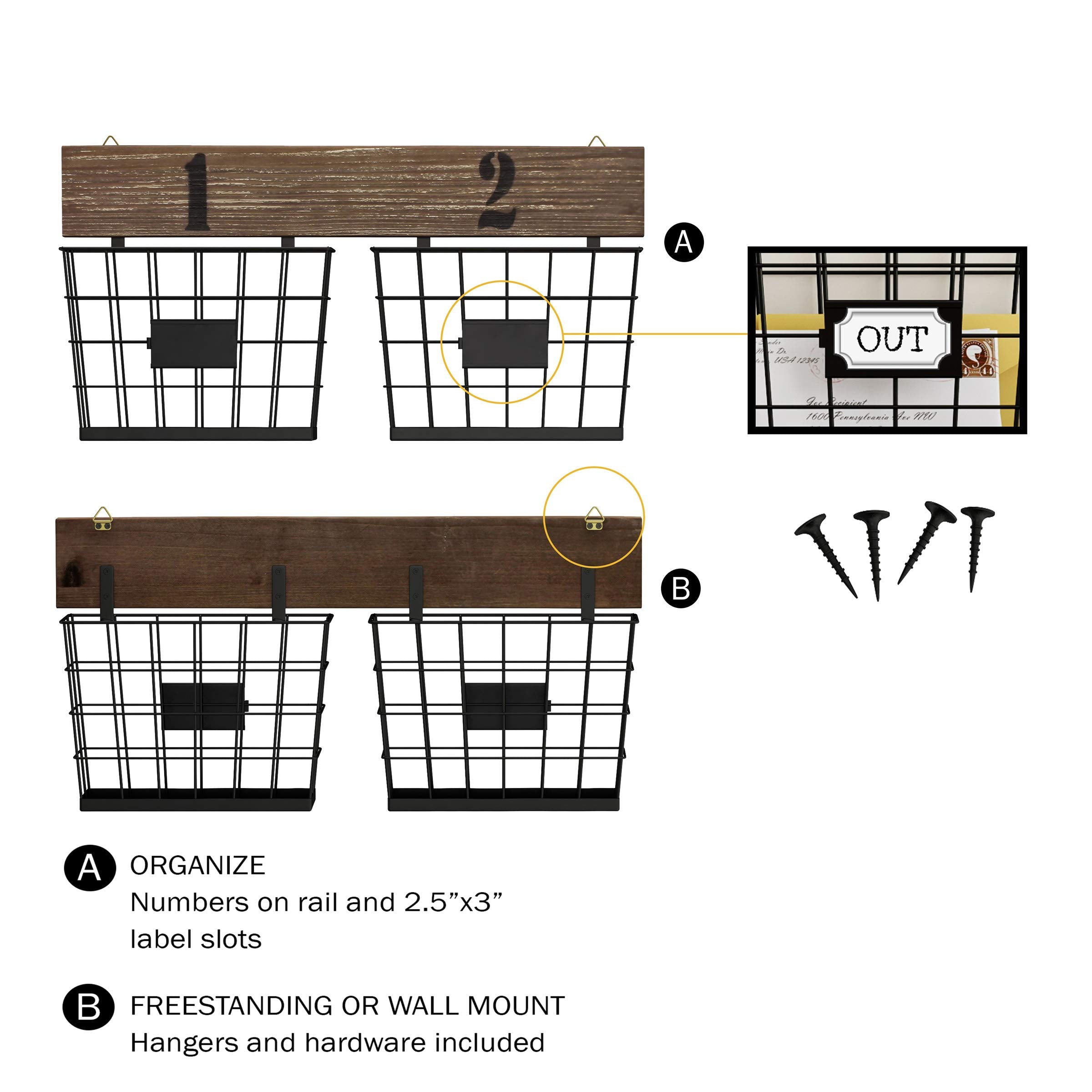 Hanging Double Wire Basket Organizer- Wall Mount Storage, Rustic Style Multi-Use Bins For Entryway, Office & Home Decor By Lavis