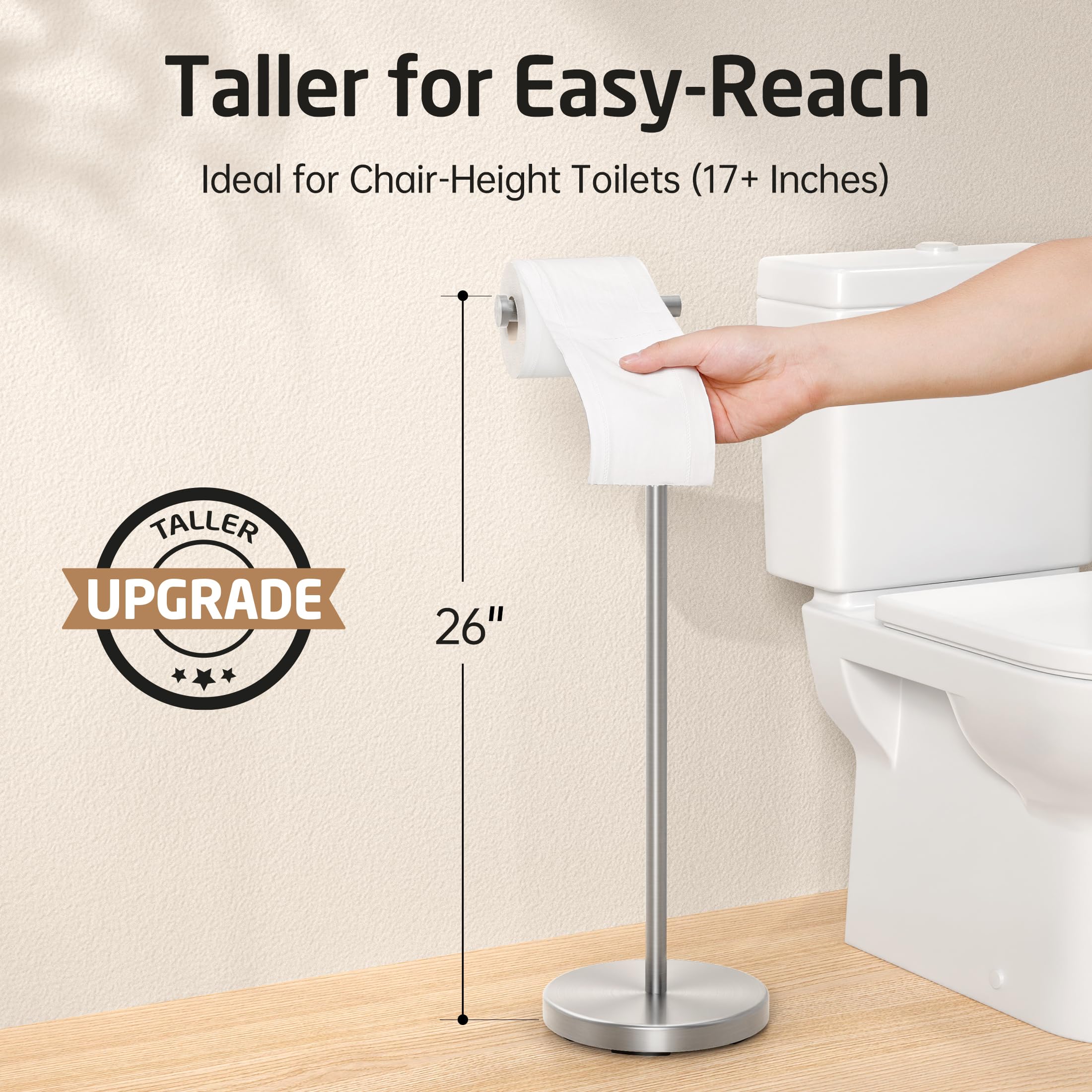 KES Toilet Paper Holder Stand 26'' H (Taller Version)  Free Standing Toilet Paper Roll Holder with Weighted Base for Bathroom  Rustproof SUS304 Stainless Steel Brushed Finish  BPH283S66-2