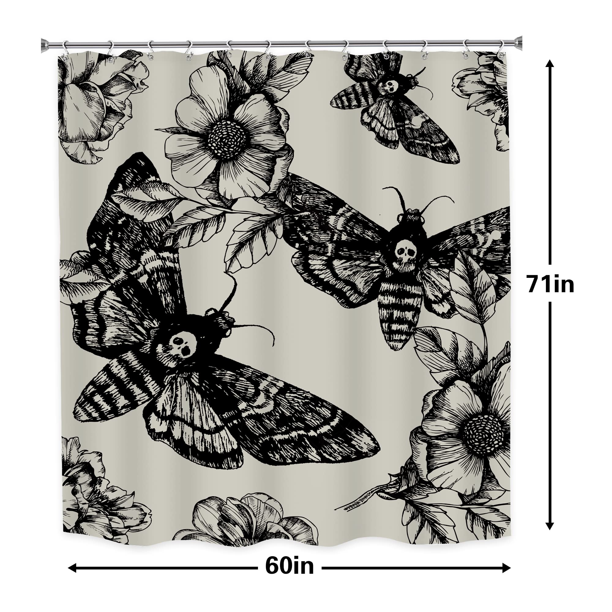Lghtyro Gothic Skull Shower Curtain Bathroom Set 60Wx71H Inches Death Head Moth Scary Black Flower Botany Leaves Mysterious Butt