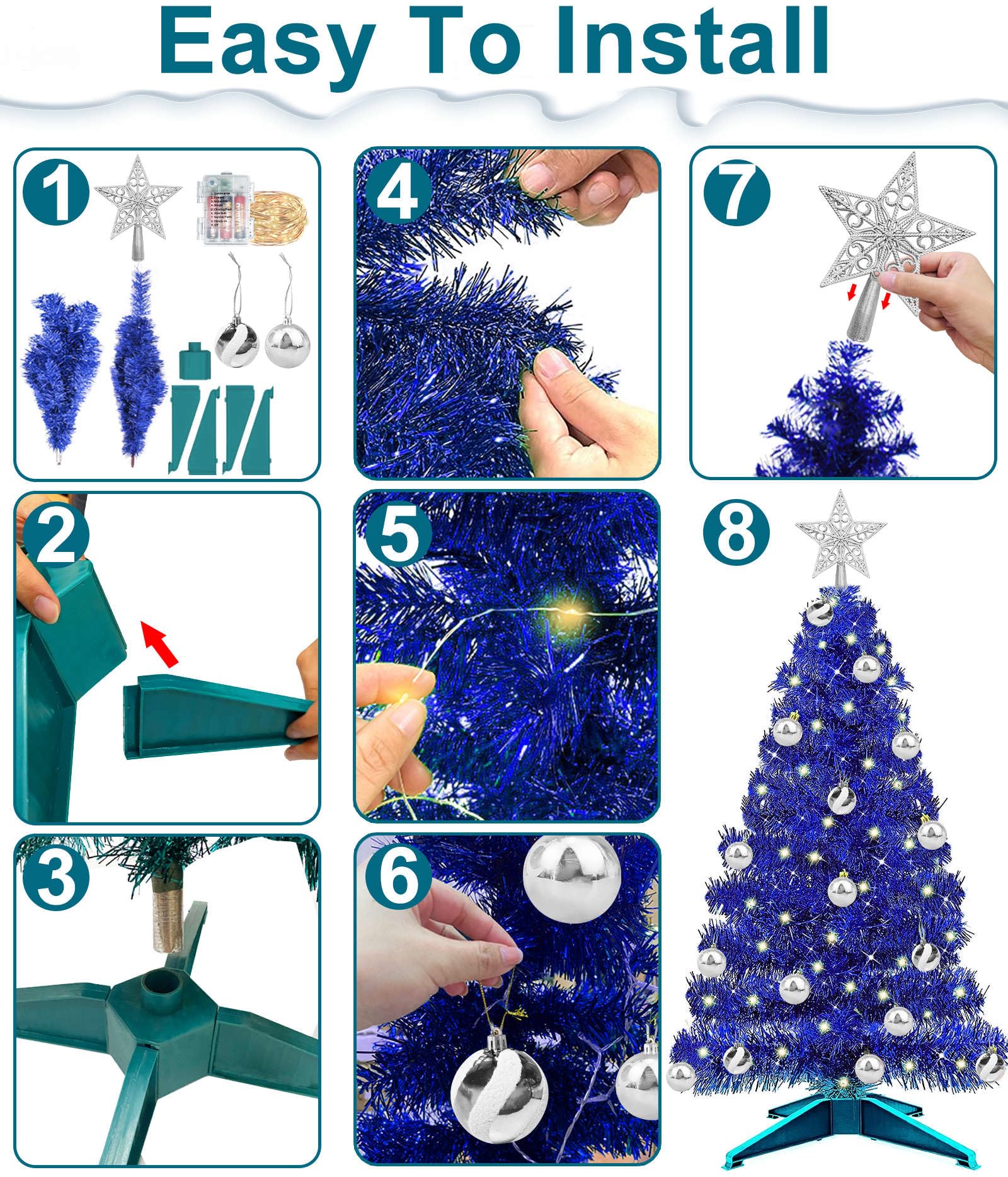 TURNMEON Remote Control 8 Modes 3 Ft Christmas Tree with Lights Timer 15 DIY Ball Ornament 50 Warm Light Battery Operated Artifi