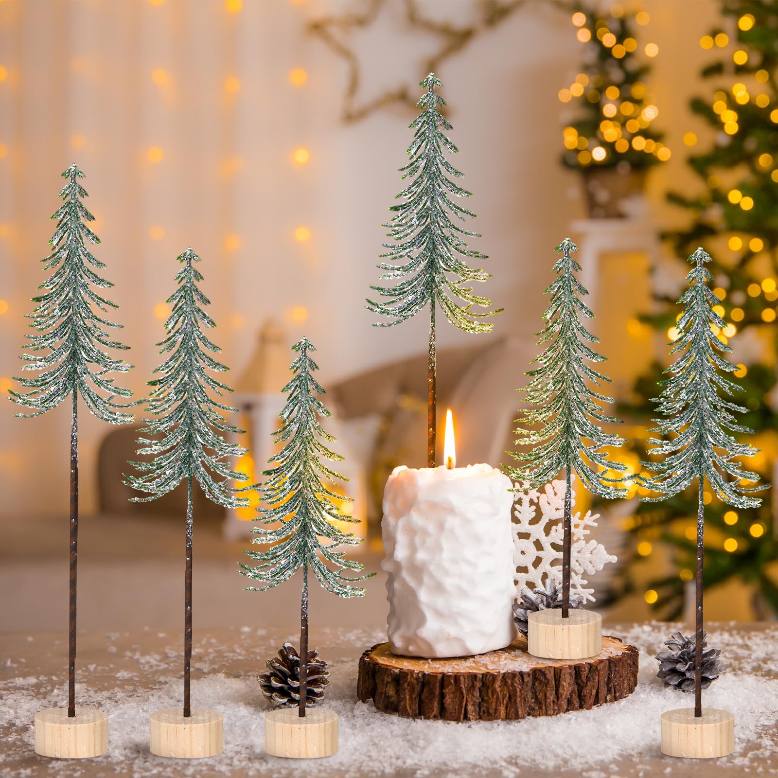 Jetec 6 Pcs Tabletop Mini Christmas Tree Small Alpine Trees Artificial Pine Christmas Tree with Wooden Base Snow Frost Trees or