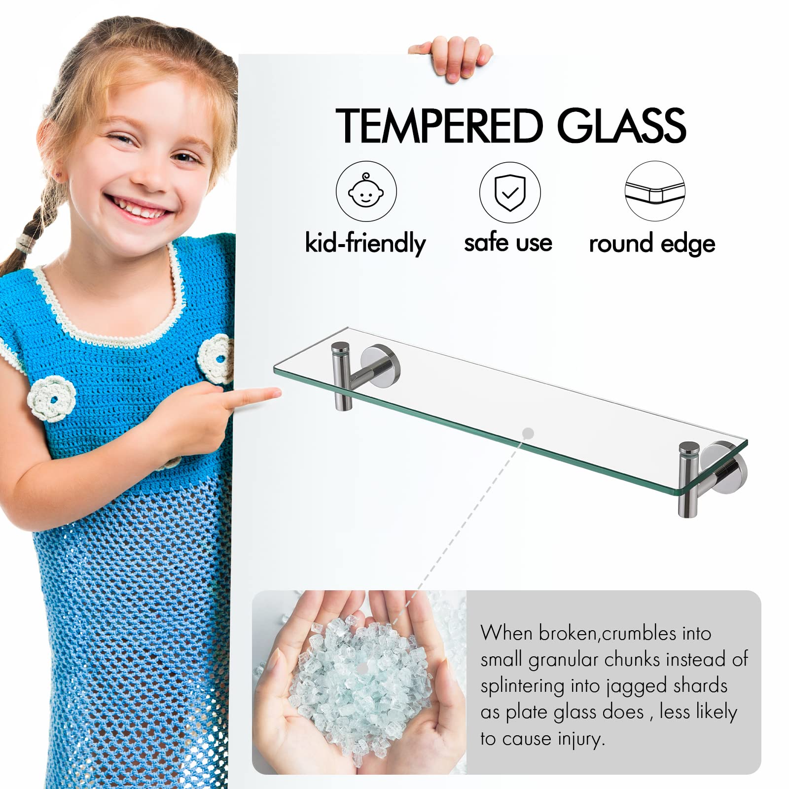 Kes Glass Shelf For Bathroom Rectangular 20-Inch Floating Shelves 3 Pack With Rustproof Stainless Steel Brackets Wall Mounted Br