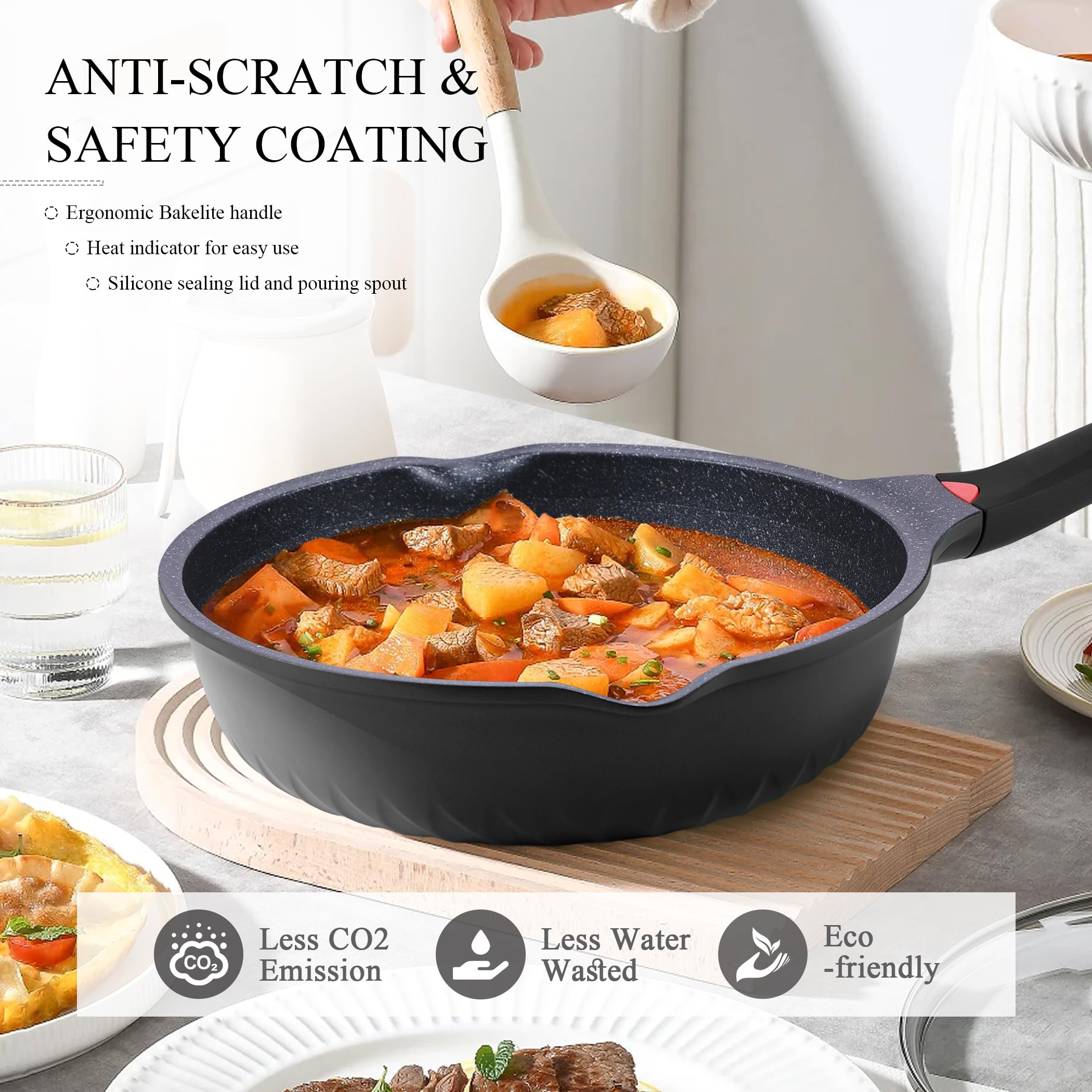 Vinchef Nonstick Skillet With Lid, 11In/5Qt Aluminum Deep Frying/Saute Pan With Lid And Heat Indicator, Anti Scratch And Anti St