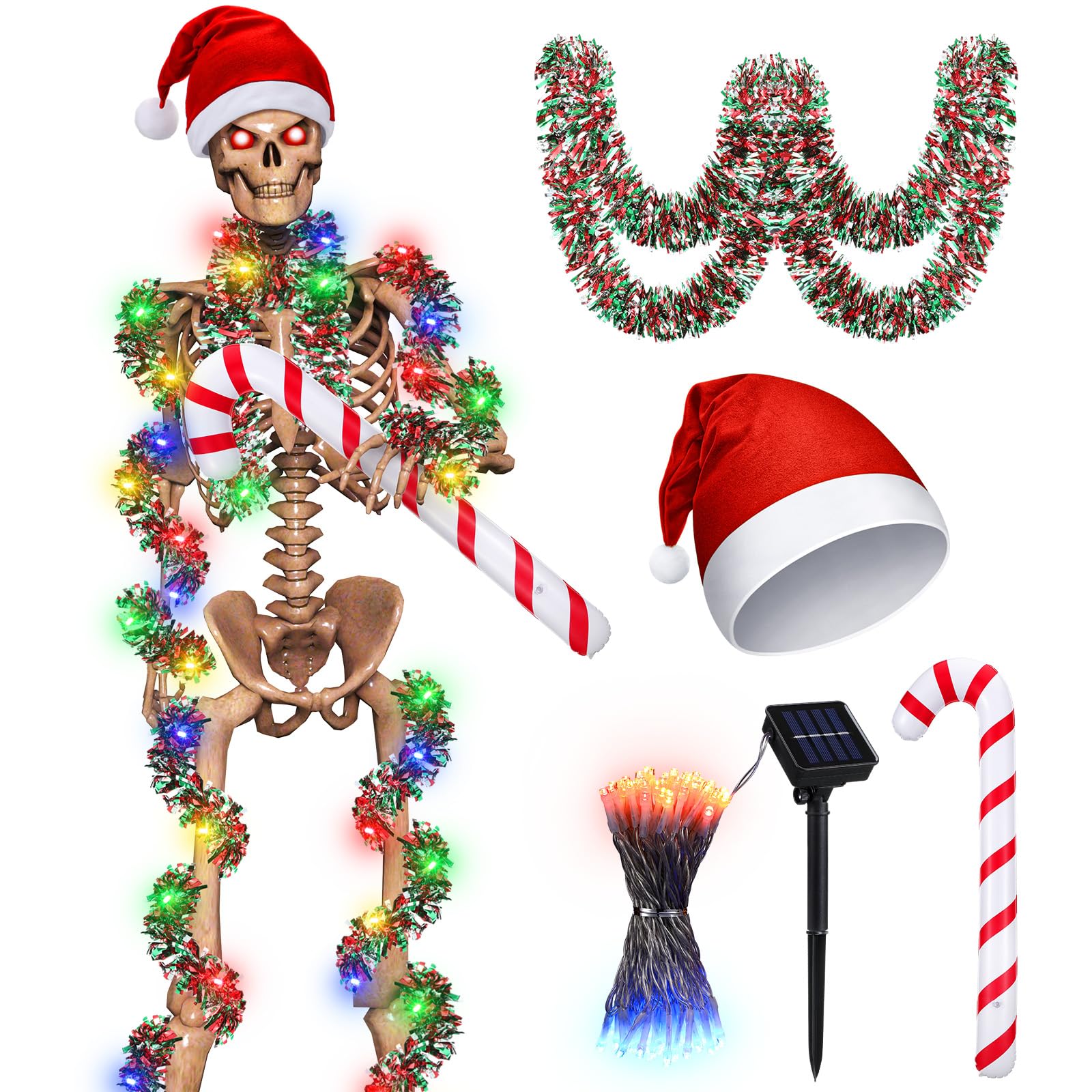 Cozypower Christmas 12 ft Skeleton Santa Outfit Accessory Santa Hat Tinsel Garlands String Light Inflatable Candy Cane(Classic R