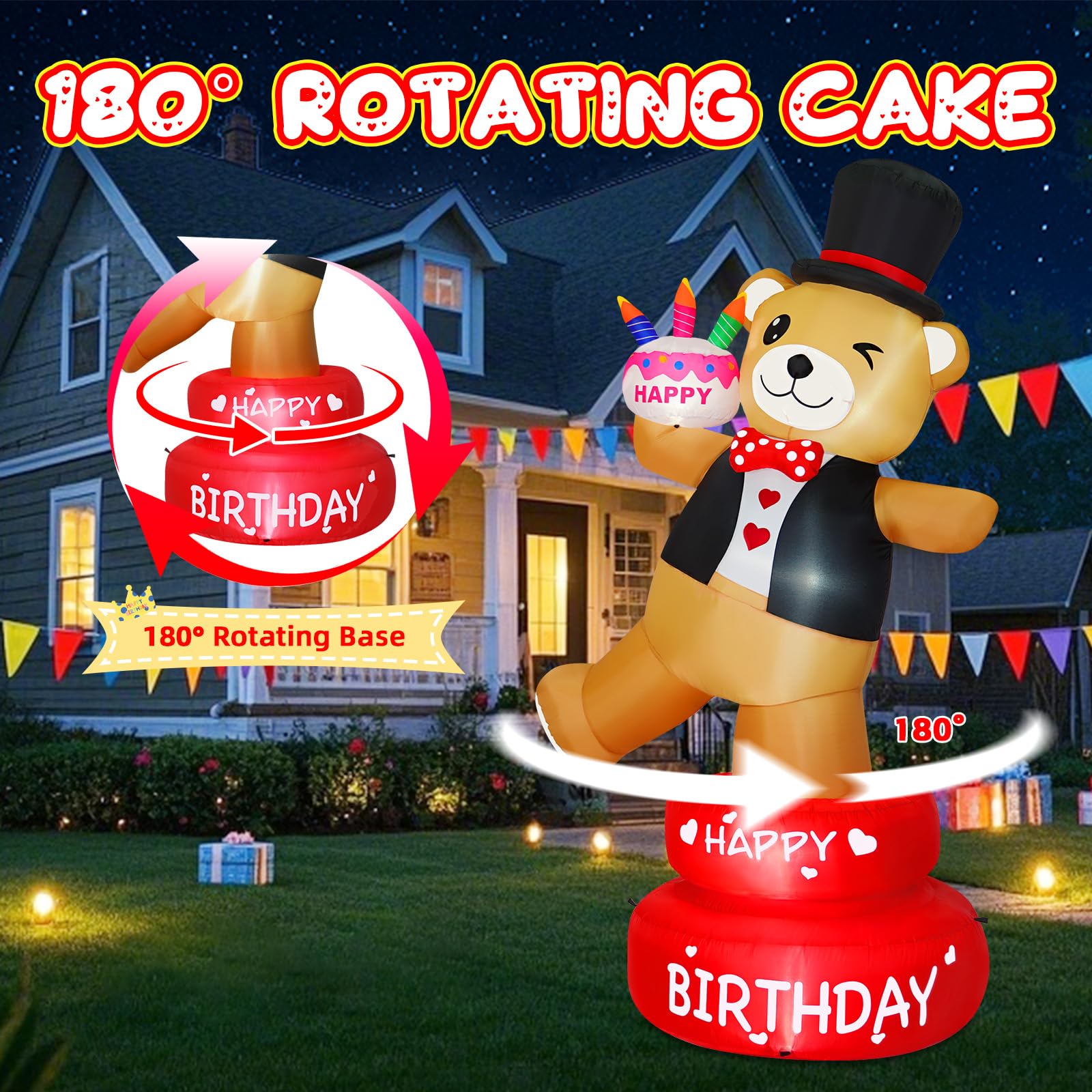 BRDJade 6FT Rotating Brown Bear Holding Birthday Cake Inflatable, 180 Spinning Blow Up Yard Decoration with Bright LED Lights fo