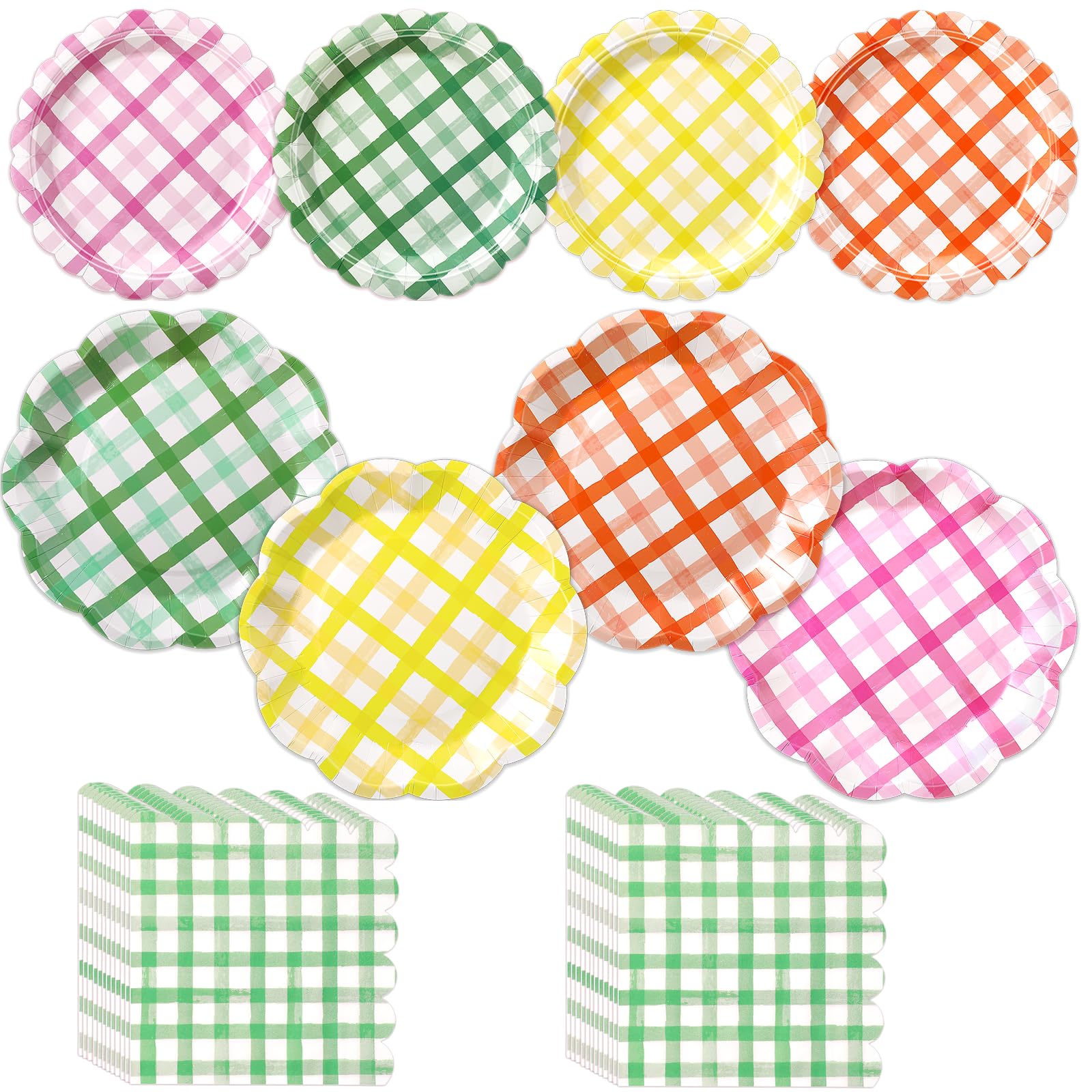 Skybooly 144 Pcs 48 Guests Gingham Plates and Napkins Party Supplies Colorful Gingham Paper Plates Napkins Checkered Plaid Dispo