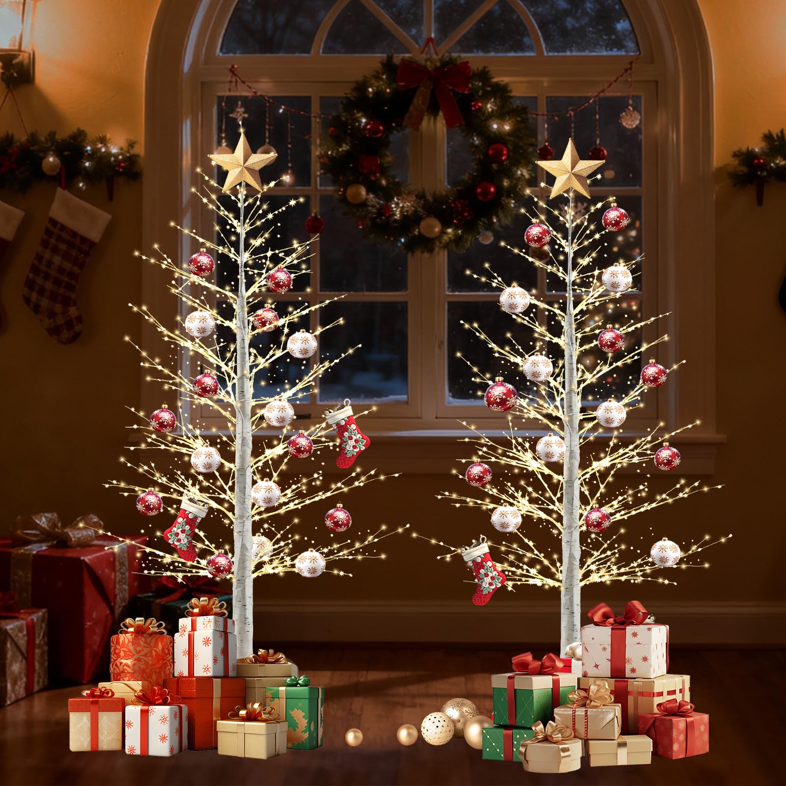 5FT Lighted Birch Tree with 800 Warm White LEDs, Prelit Christmas Tree with Twinkle Lights, LED Birch Tree with Timer & Brightne