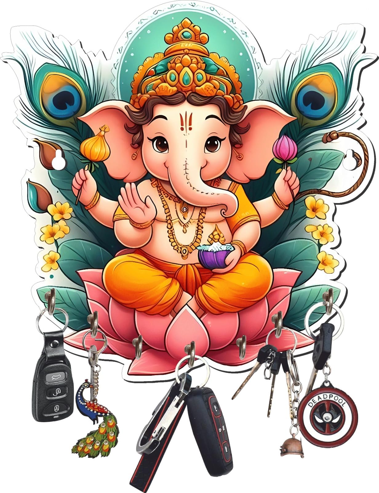 APS ART PLUS STORE Decorative Lord Ganesha Key Holder, WallMounted, Lotus Design with Peacock Feathers, MultiHook, 10 * 10 Inc
