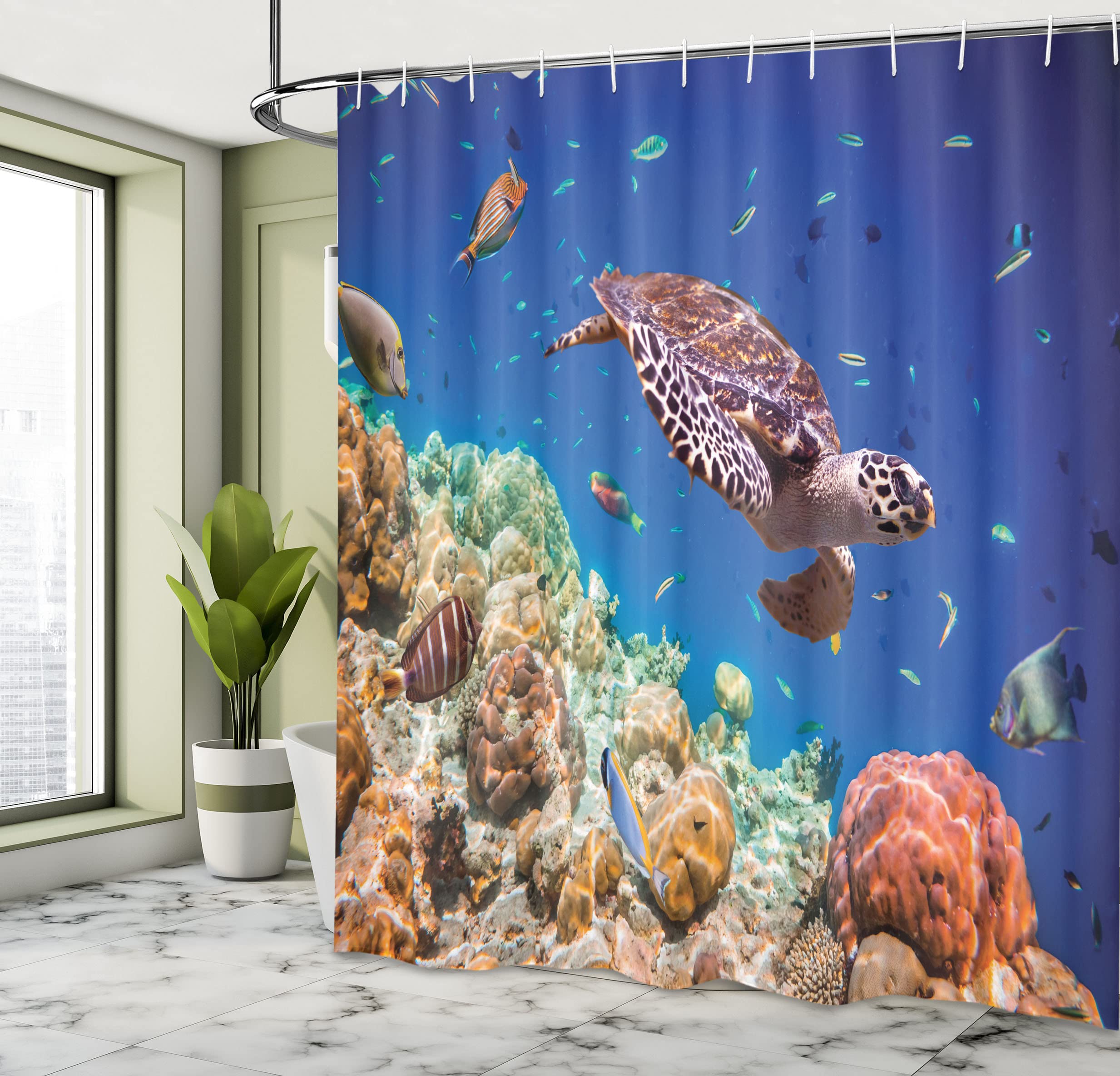 Ambesonne Ocean Shower Curtain, Tropical Sea Turtle Swimming In Sea Maldives Image, Cloth Fabric Bathroom Decor Set With Hooks,