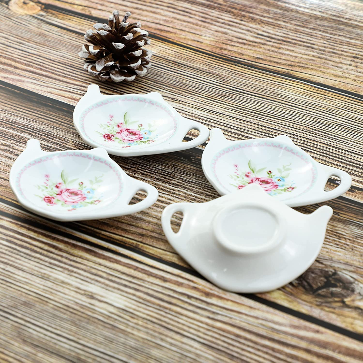 Socosy Vintage Flower Porcelain Tea Bag Holder Teapot Shaped Tea Bag Coaster, Little Spoon Rest Tea Accessories Resting Caddy Se