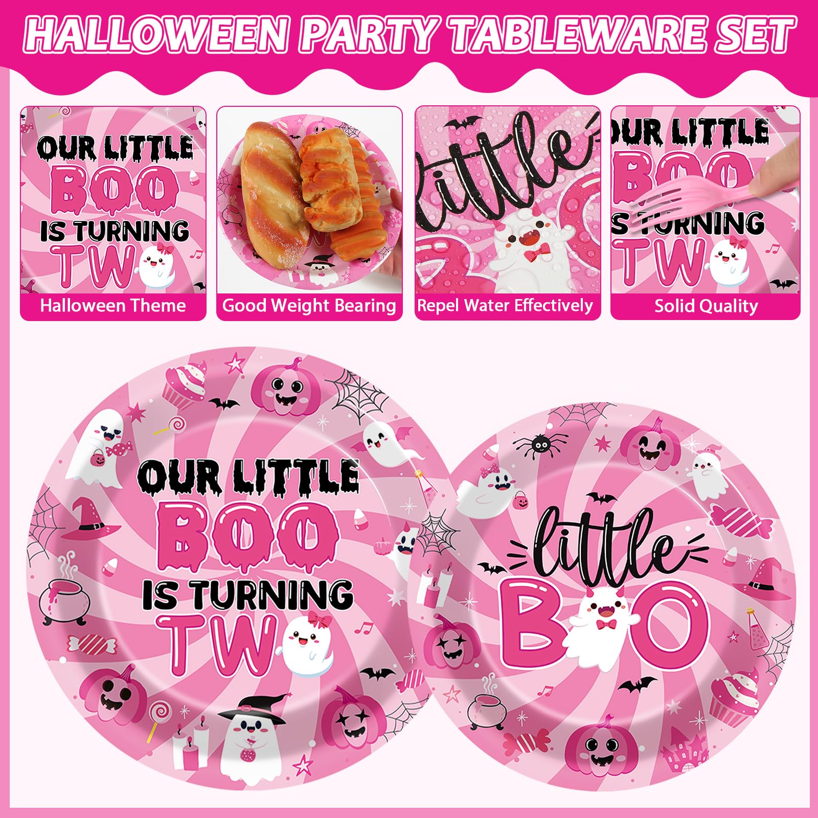 96Pcs Halloween Pink Ghost Party Supplies Boo 2Nd Birthday Paper Plates Napkins Our Little Boo Is Turning Two Party Decoration S