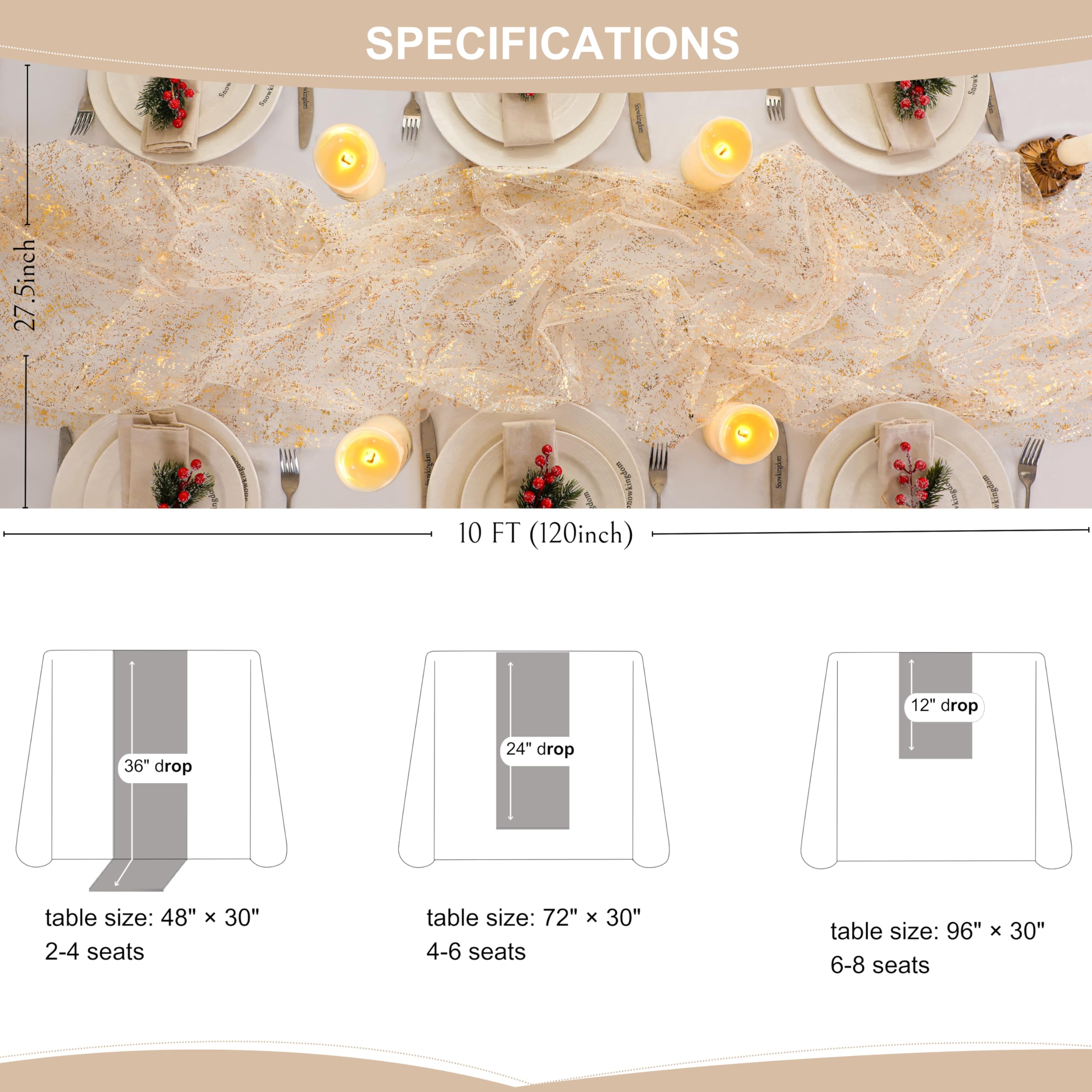Snowkingdom Christmas Table Runner, Navy Blue Snowflake Cheesecloth Sheer Chiffon Gauze Table Runner, 120 Inch Seasonal Winter H