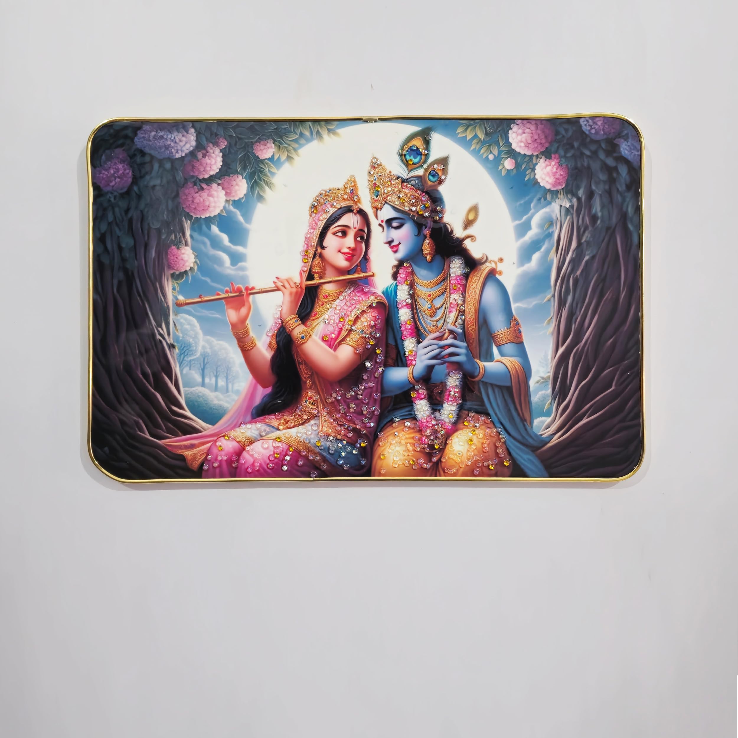 Masstone Radha Krishna Wall Painting  Crystal Embedded, High Gloss, Gold Slim Frame, 45X30Cm Wall Art For Living Room, Bedroom, 
