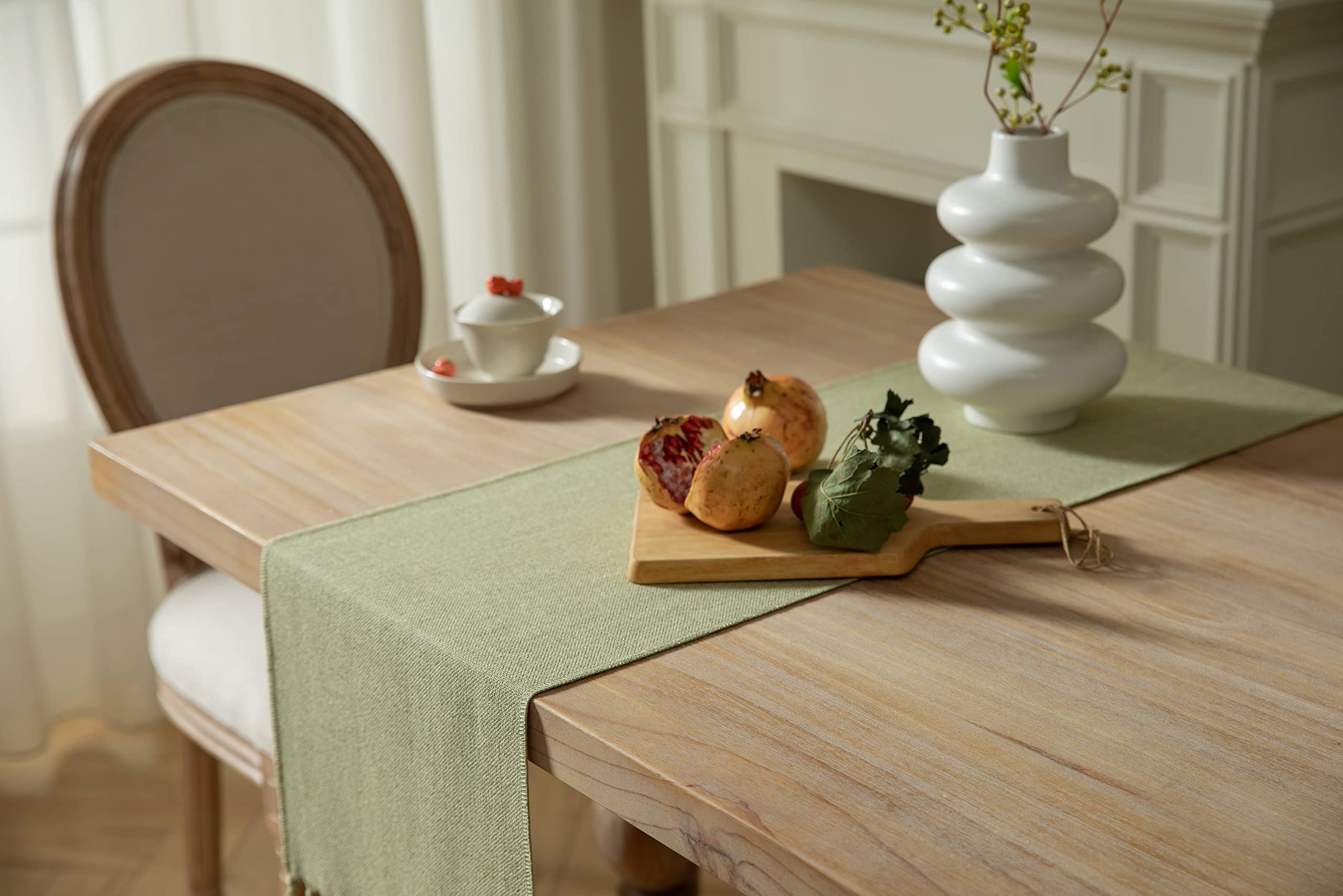 Zeemart Sage Green Table Runners 108 Inches Long, Burlap Linen Style Rustic Farmhouse Table Runner, Long Boho Dining Table Runne