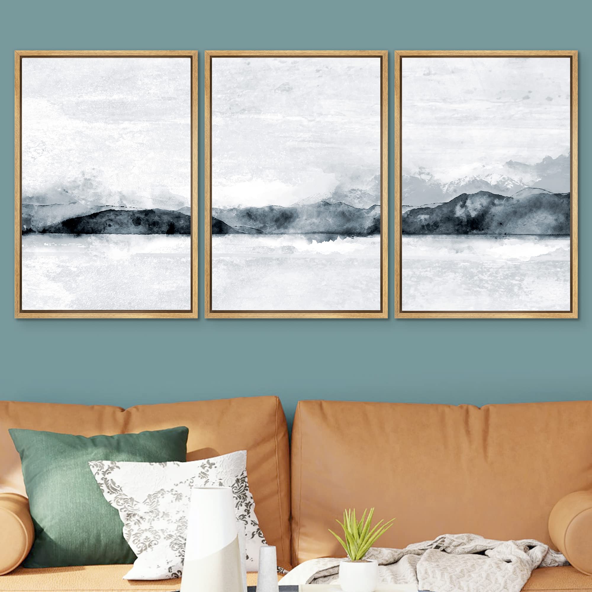 Signwin Framed Canvas Print Wall Art Set Pastel Watercolor Arctic Mountain Range Nature Wilderness Illustration Modern Rustic La