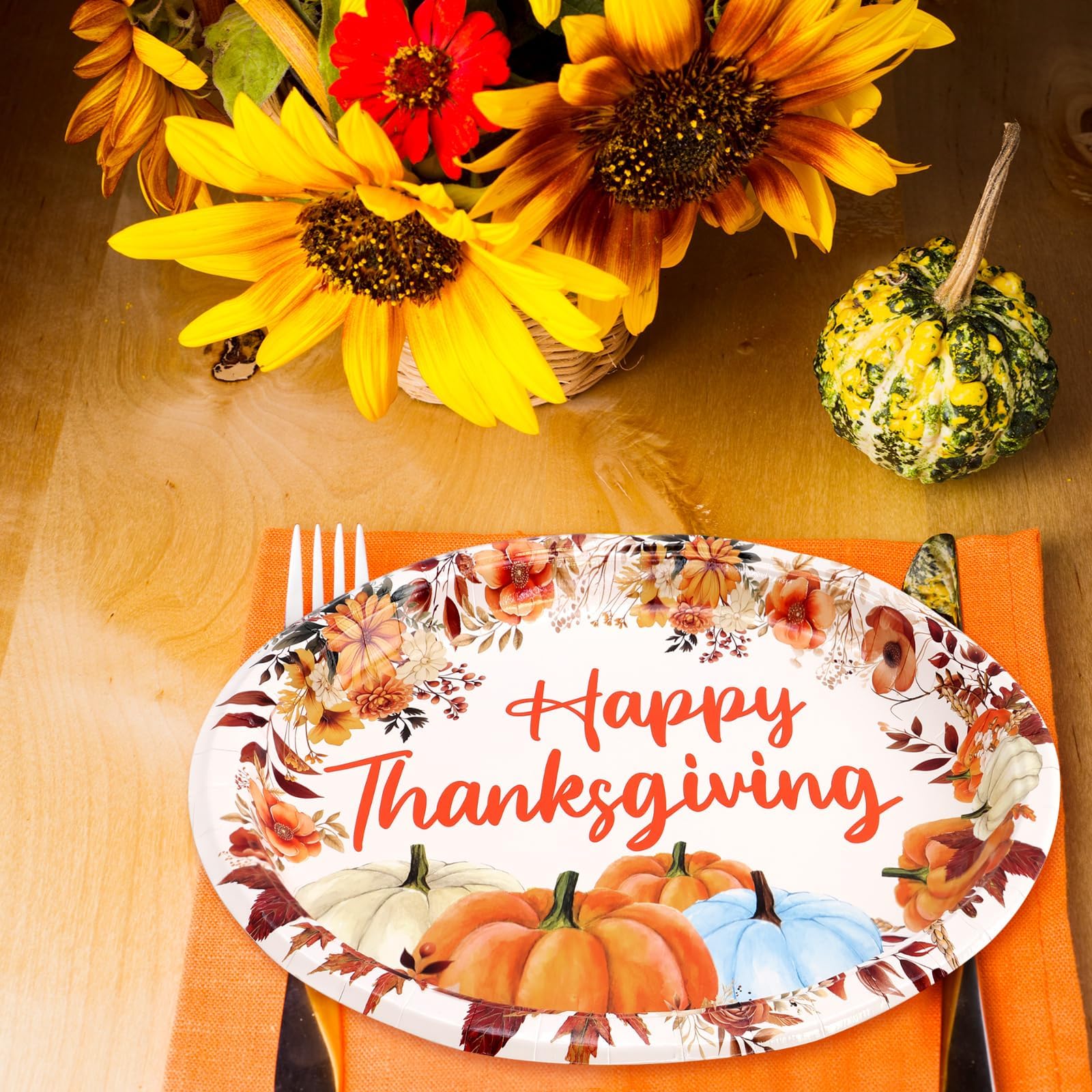 WorldBazaar Thanksgiving Oval Paper Plates 24 Count 10 X 12 Large Pumpkin Plates Disposable Dinner Platter Fall Holiday Party Su