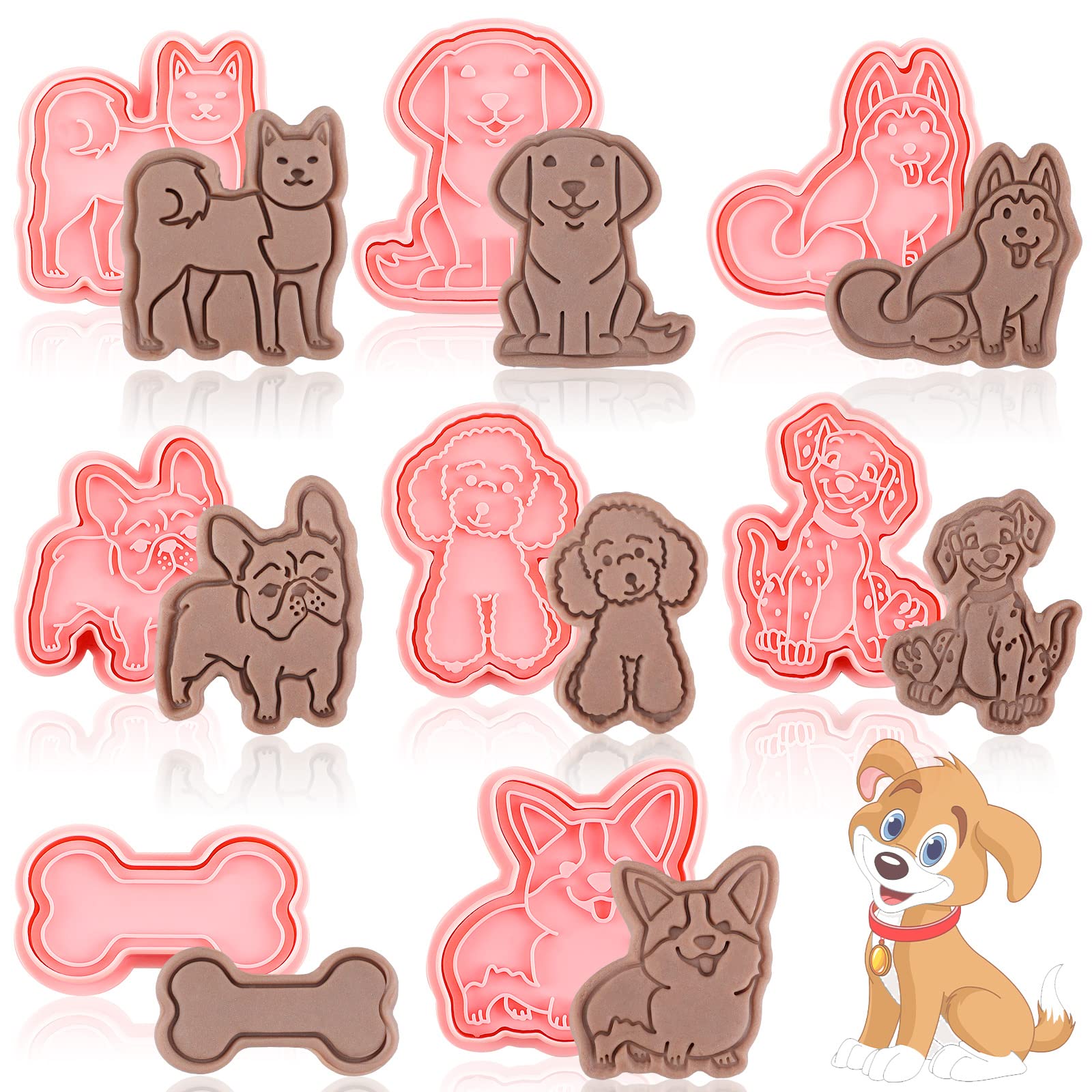 8 Pcs Dog Cookie Cutters With Plunger Stamps Set 3D Puppy Bone Shape Biscuit Cutter Funny Cartoon Cookie Stamps Stamped Embossed