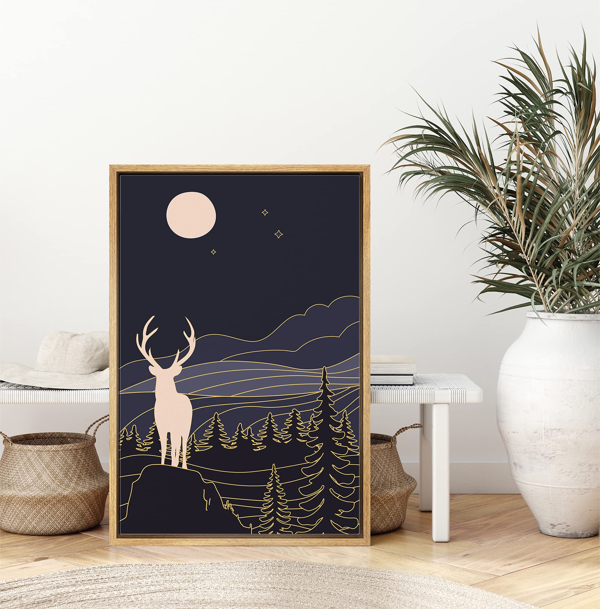 IDEA4WALL Framed Canvas Print Wall Art Deer in The Golden Blue Night Forest Animals Wildlife Illustrations Modern Art Farmhouse/Country Dark for Living Room  Bedroom  Office - 16''x24'' Natural