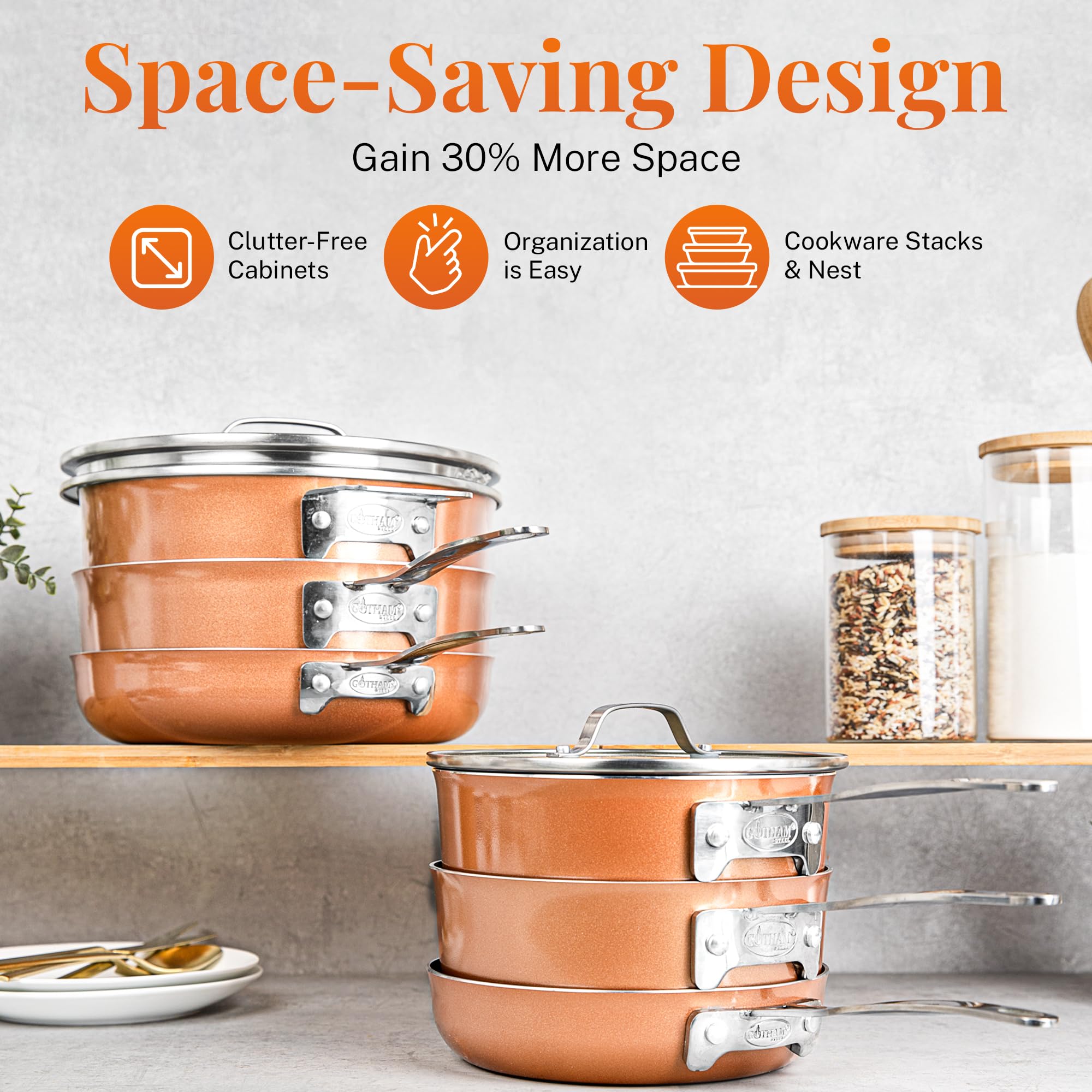 GOTHAM STEEL 10 Pc Copper Pots and Pans Set Non Stick, Kitchen Cookware Sets, Space Saving Non Stick Pots and Pan Set, Nonstick