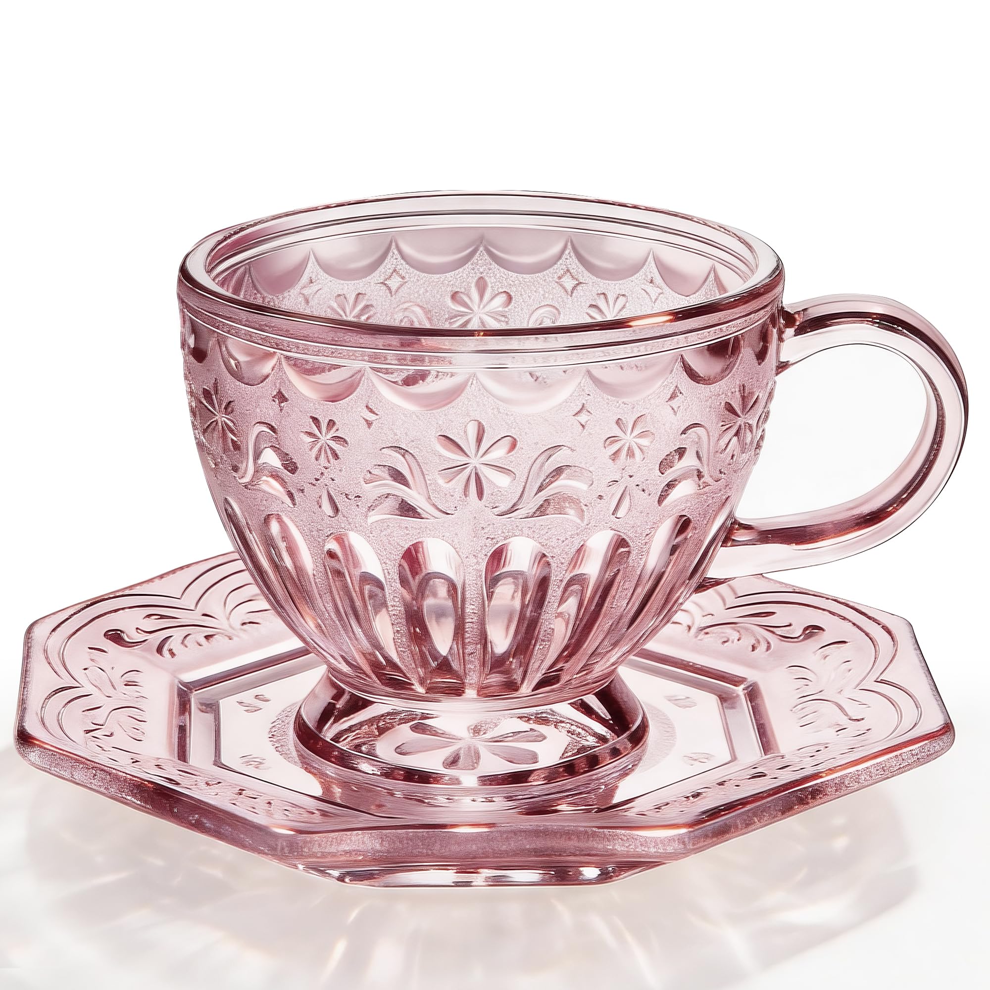 THE AEVELIA Vintage Glass Tea Cup and Saucer Set, 12 oz Large Coffee Cup