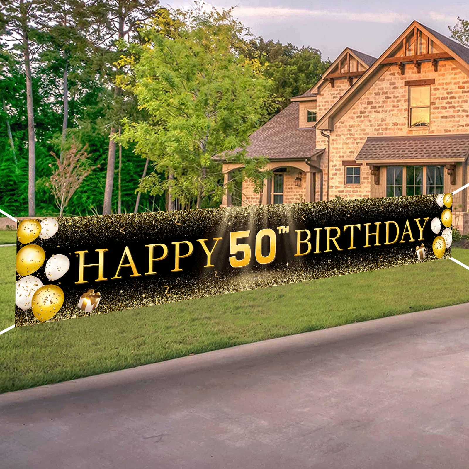 Tzss 50Th Birthday Decorations For Men Women, Black And Gold Happy 50Th Birthday Banner Yard Signs, 50Th Birthday Indoor Outdoor